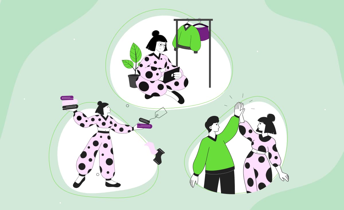 Three custom illustrations of people renting out clothes, drawn for a rental app.