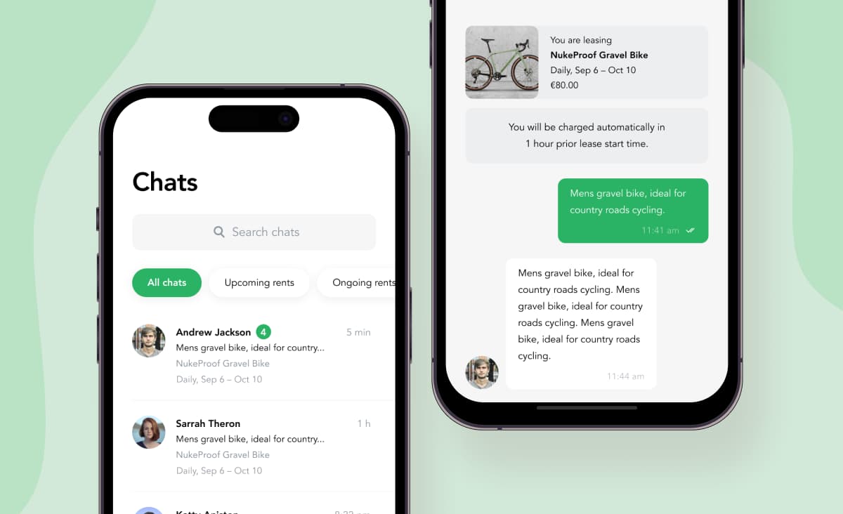 Two phone screens from the Lainappi app: a chat list of rentals, and a conversation showing the leased item, its price and an automatic charge notice.