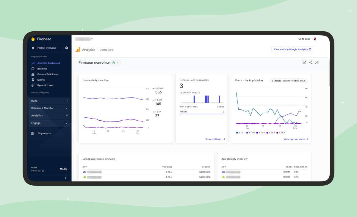Firebase Analytics dashboard for a mobile app showing user activity over 30 days, users by app version and a crash-free rate.