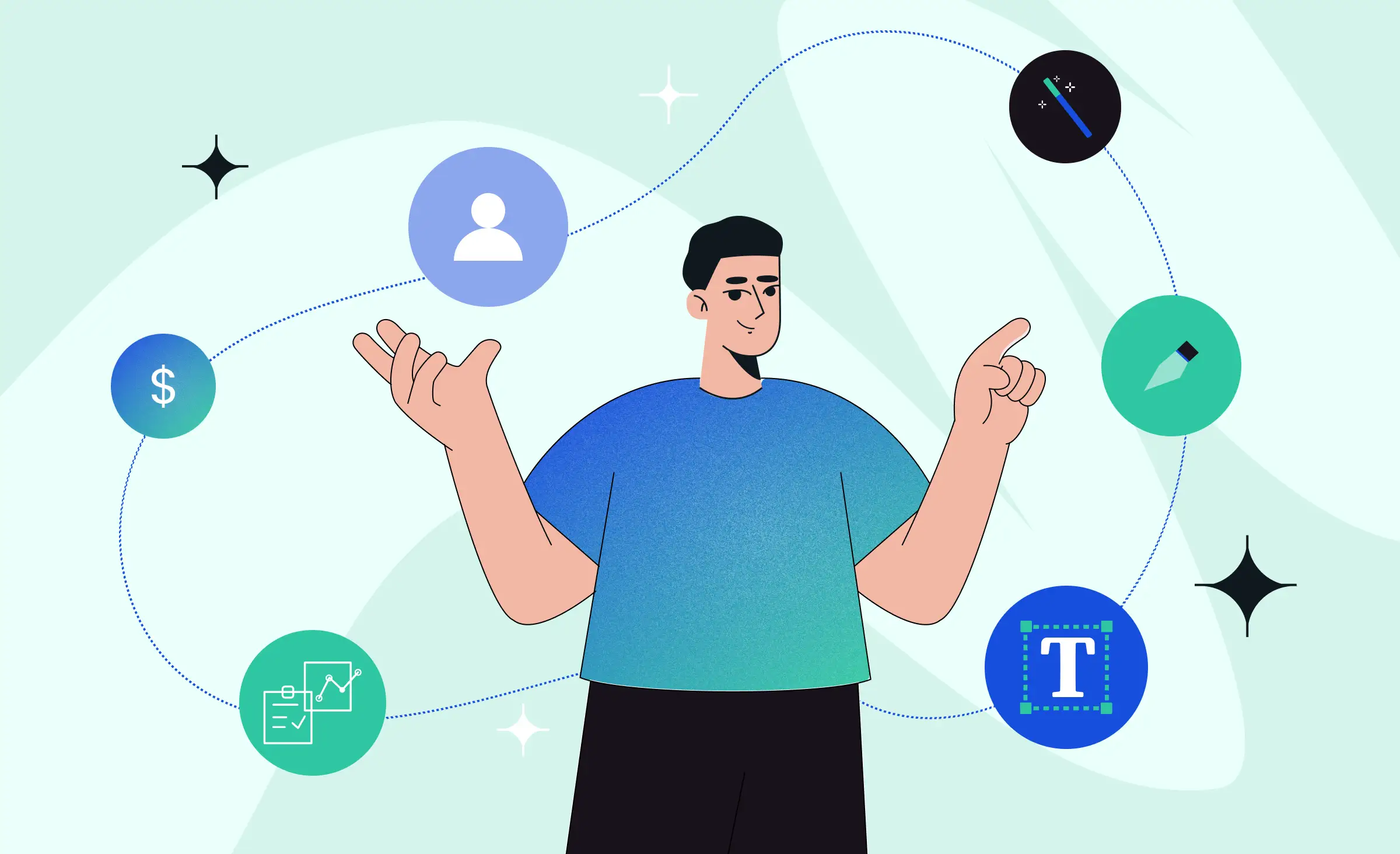 The image depicts a young man surrounded by various icons in circles: a magic wand symbol representing AI tools, highlighted text, a person icon, a dollar sign, and icons showing growing graphs. This visual prompts the question, what is DesignOps, in creating efficient design processes.