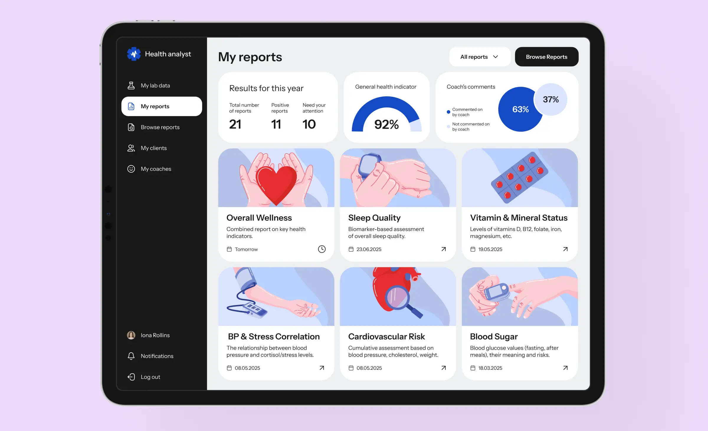 A screenshot of a dark-themed web platform for a "Health analyst", displaying a "My reports" dashboard. The interface shows key health indicators, results for the year, comments from a coach, and sections for "Overall Wellness", "Sleep Quality", "Vitamin & Mineral Status", and "Cardiovascular Risk". This image provides a visual example of the HIPAA-compliant healthcare web platform project, showcasing its intuitive design and data presentation, where the technical lead’s contributions were crucial.