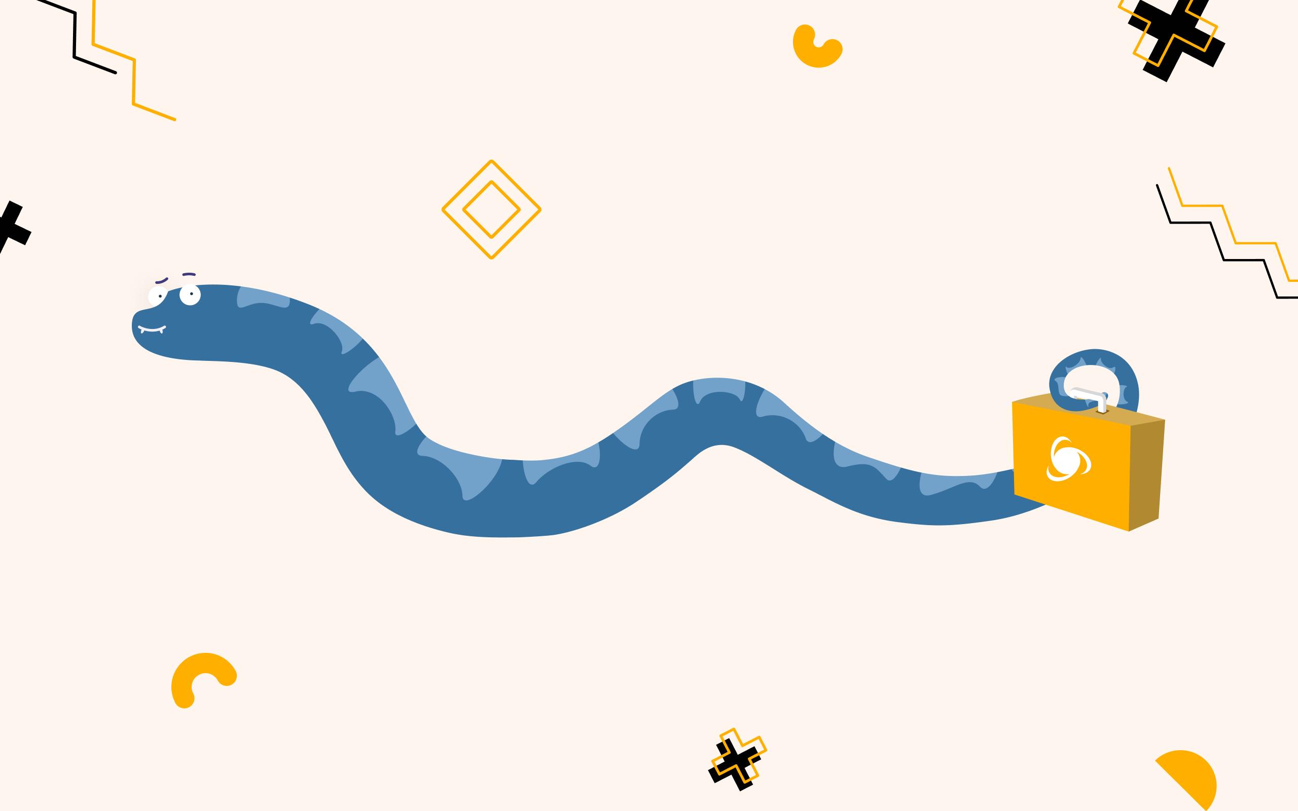 A smiling snake representing Python with a case in its tale