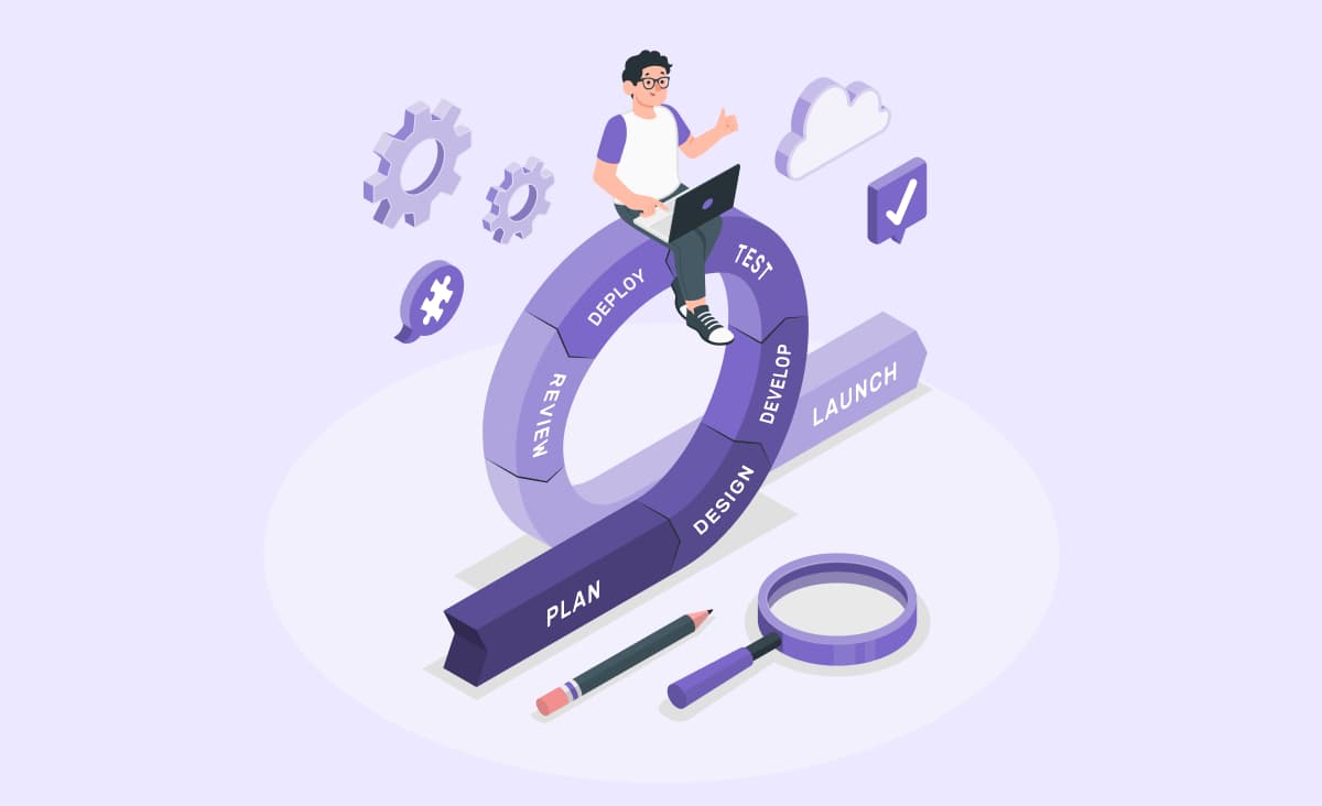 The cover illustration for the article conceptualizes the software development process. a programmer, typing on a laptop, is placed on the top of a circular diagram, embedded with distinct stages of development. Beyond this circle lies iconic symbols for detail and precision — a pencil and magnifying glass.