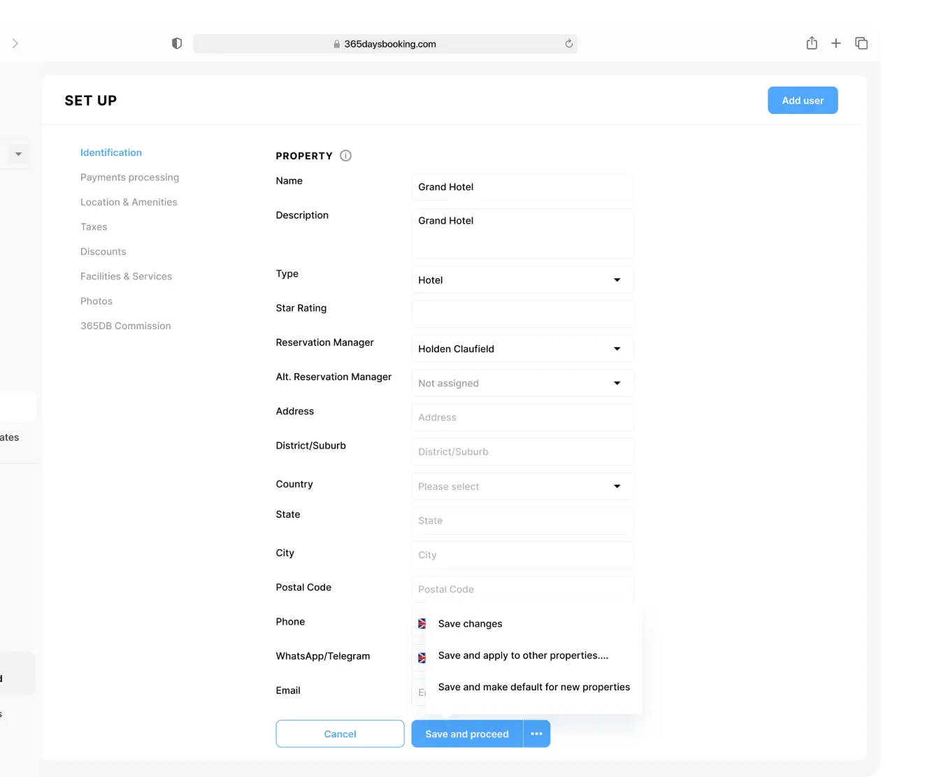 Booking settings panel with form fields beside a property listings page.