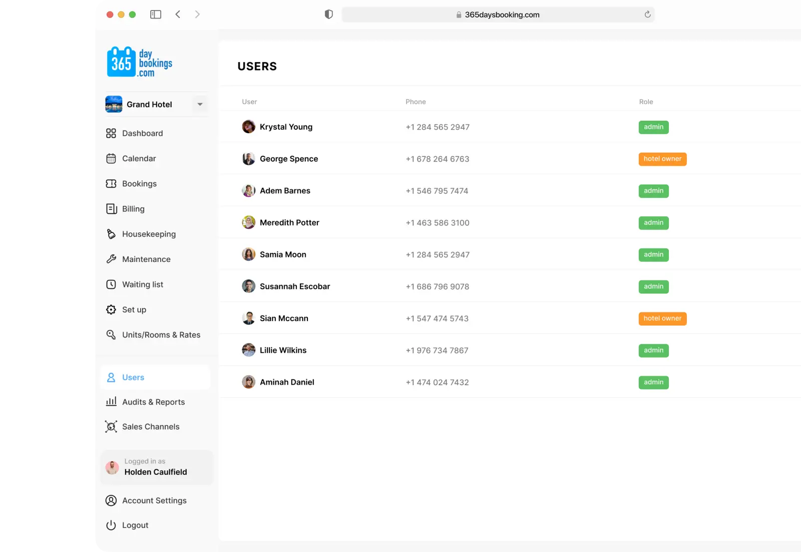 Staff management screen listing team members with role and status columns.