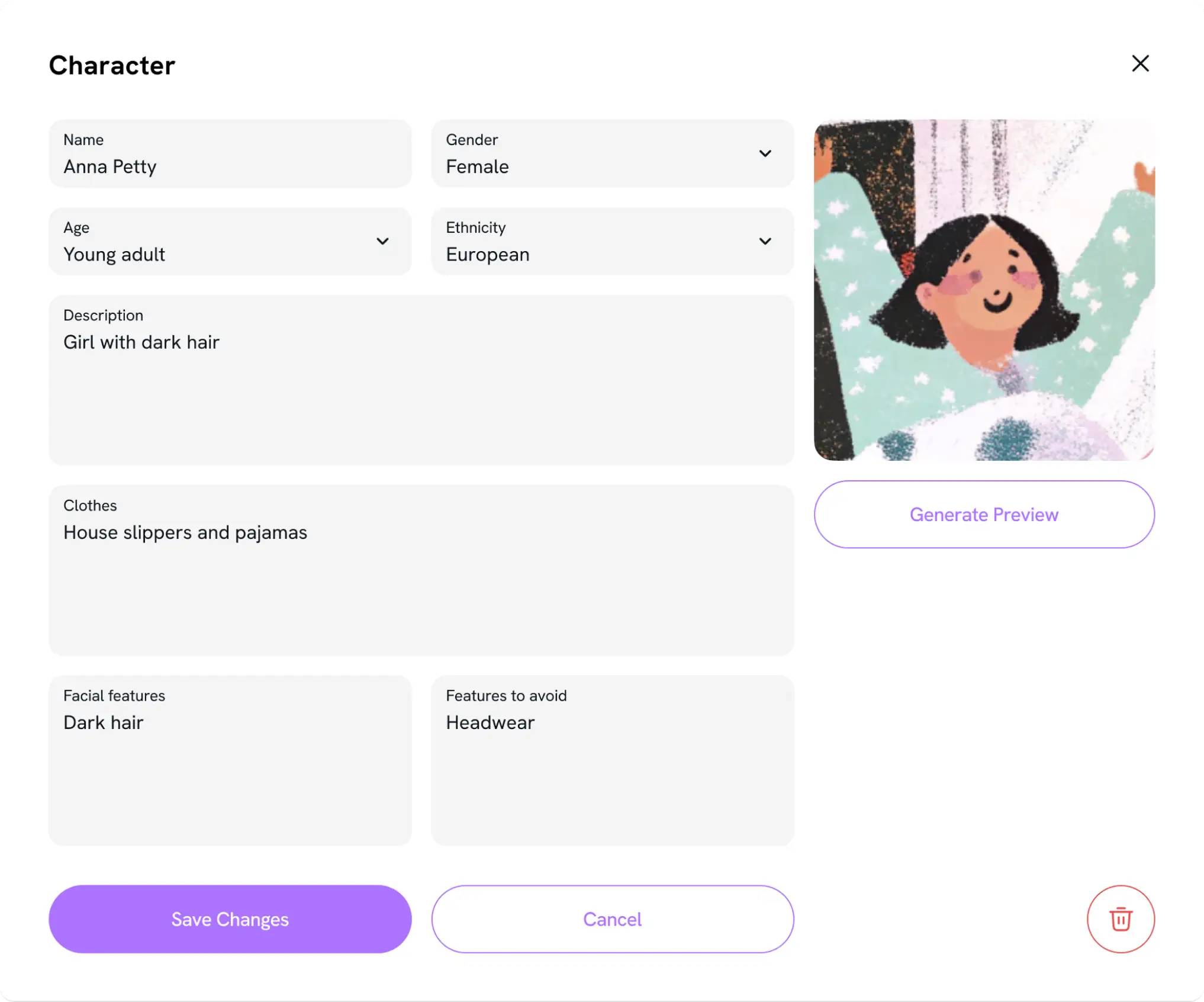 Character setup screen with profile and attribute fields.