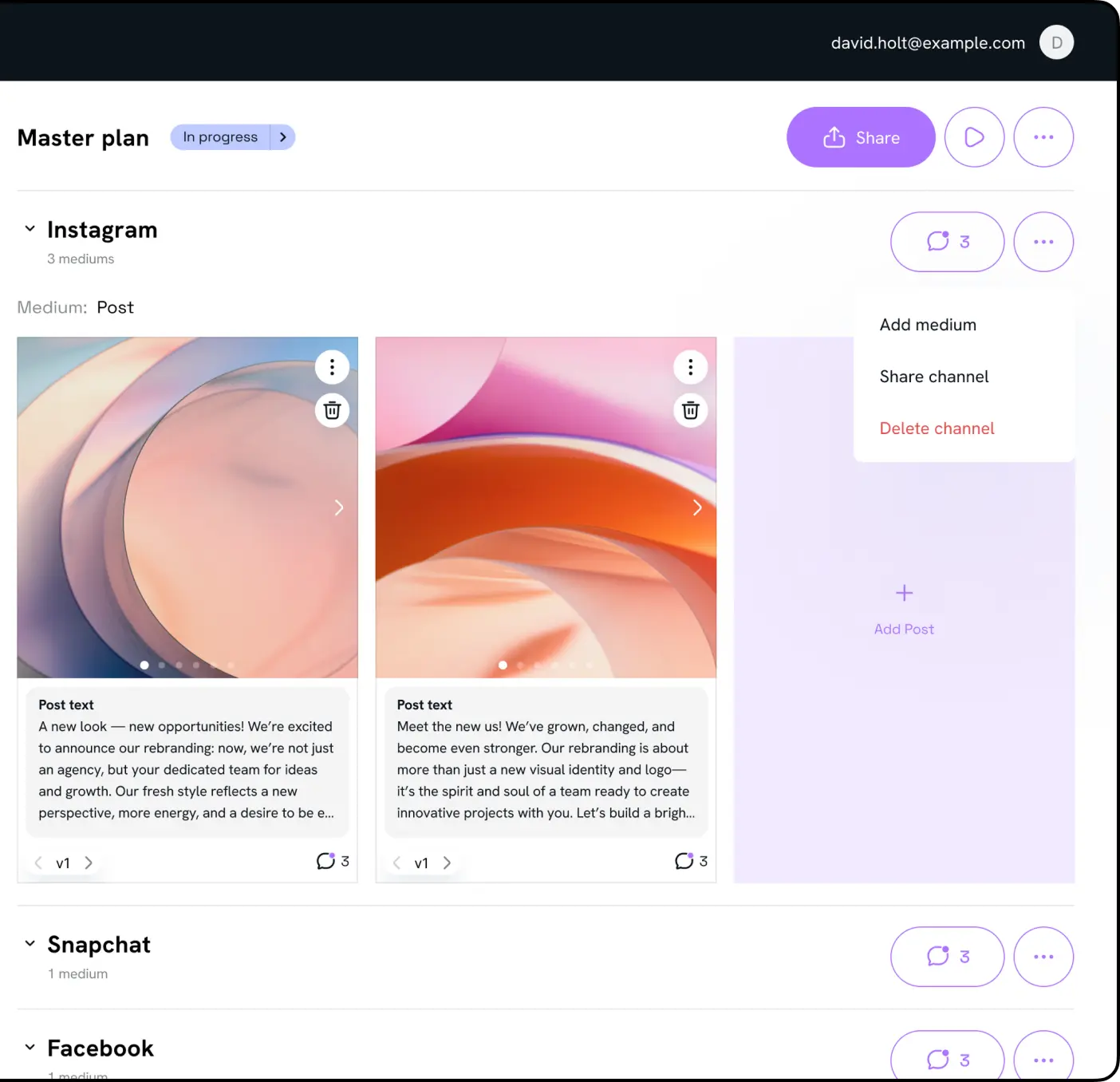 Content plan with post cards organized by social media channel.