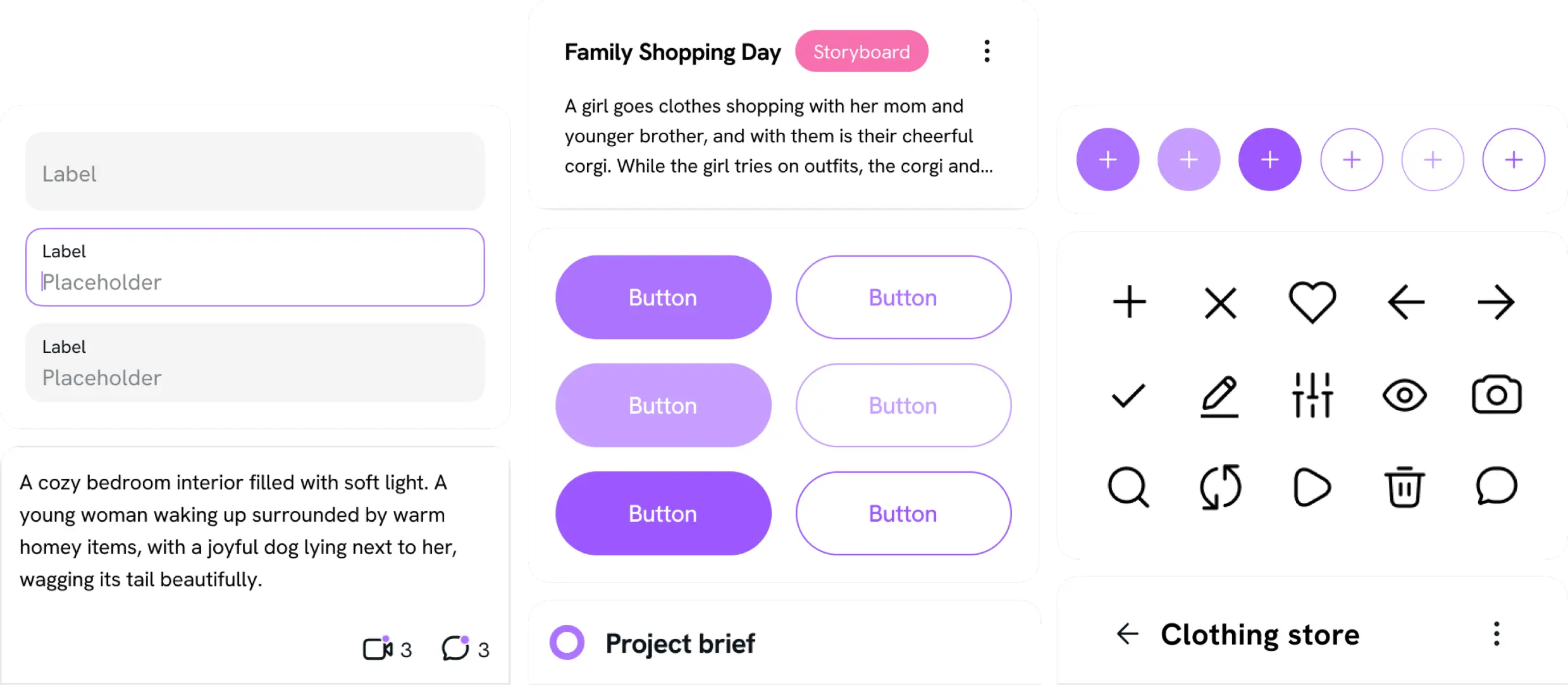 UI kit elements: buttons, icons, input fields, and cards.