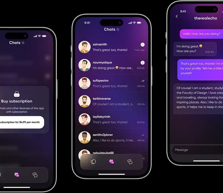 Buke chat screens showing a subscription prompt, recent chats and an open conversation.