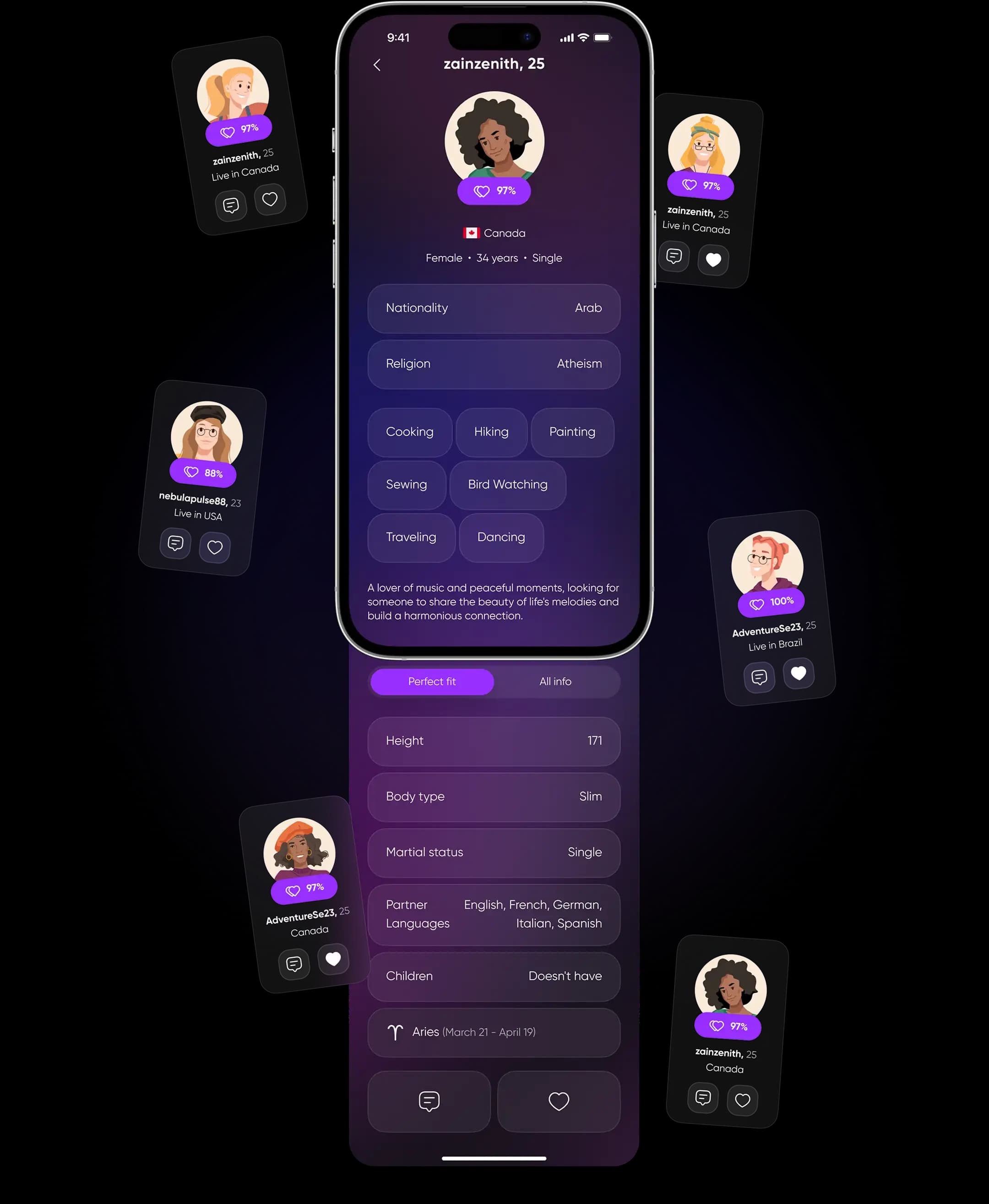 Phone screens showing Buke favorite profile cards in dark purple theme.