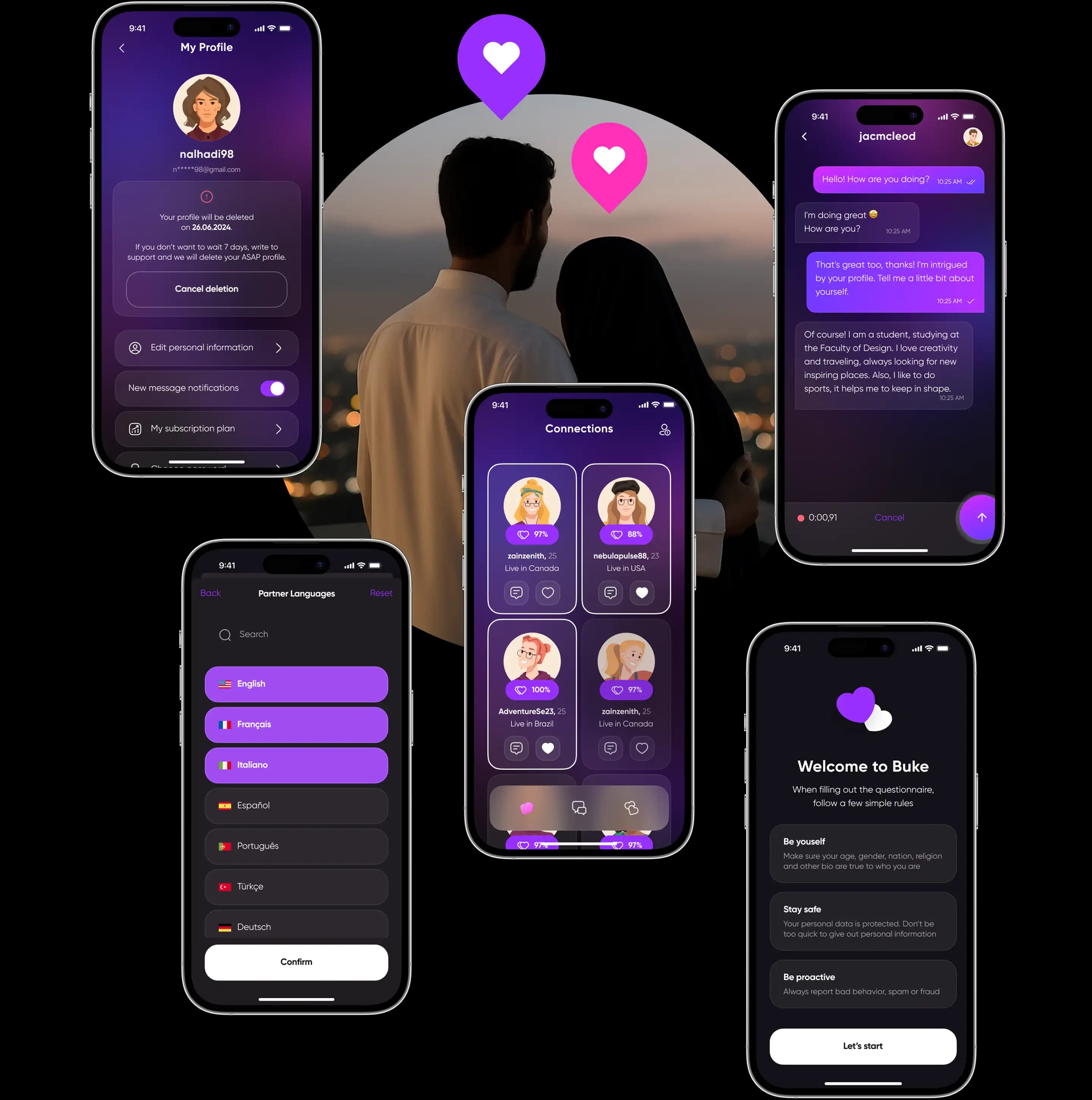 Phone screens with people silhouettes presenting the Buke app interfaces.