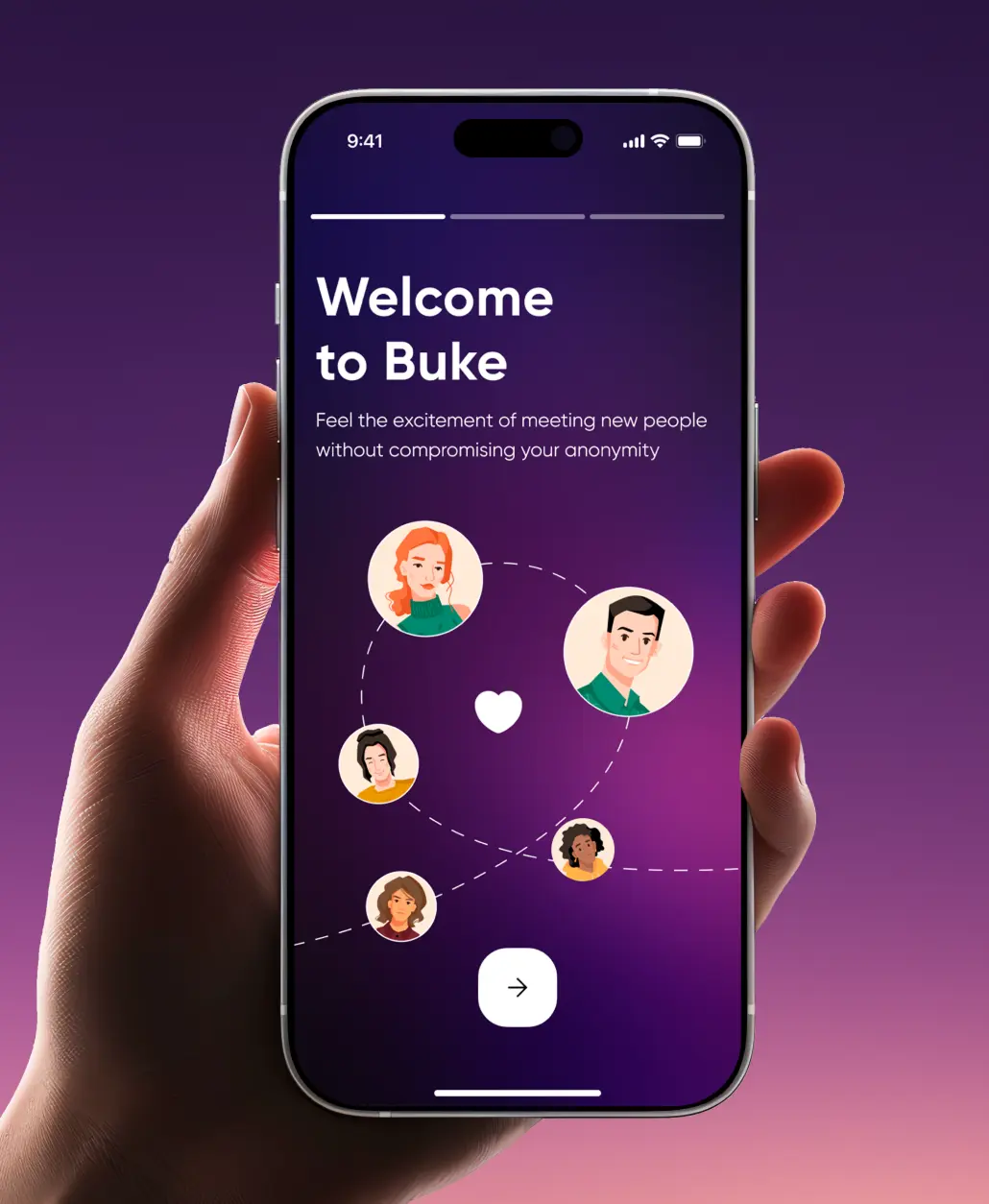 Phone showing the Welcome to Buke onboarding screen.