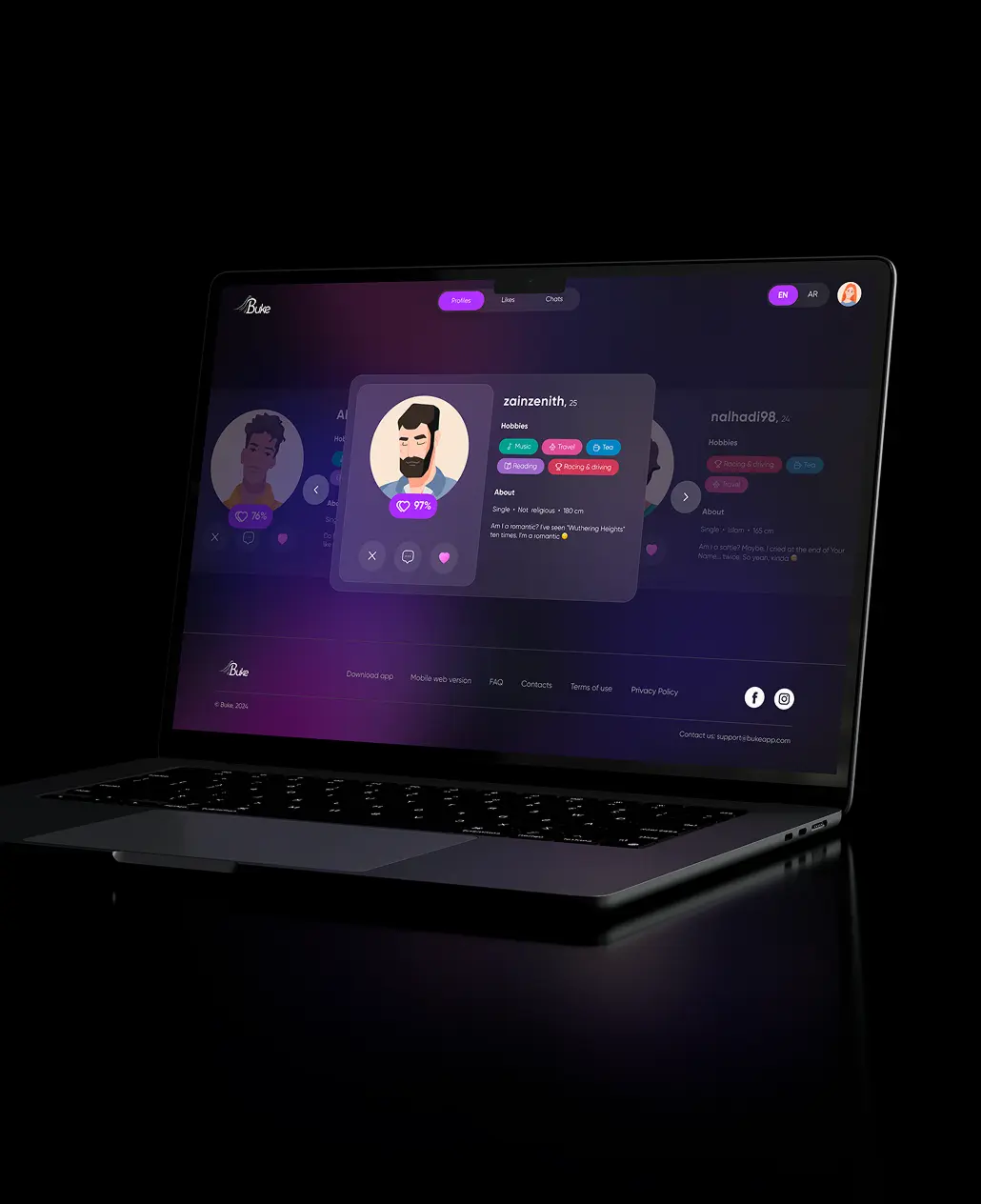 Laptop displaying the Buke dating app interface on a dark background.