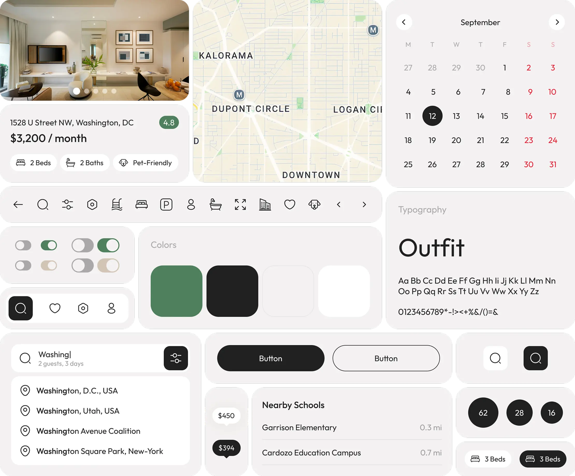 Design system sheet of the app's reusable UI components and controls.