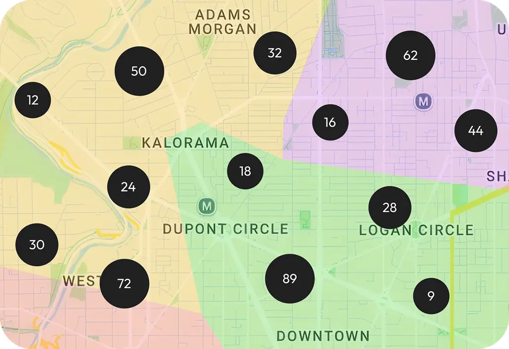 App map view with color-coded neighborhood zones and property pins around downtown.