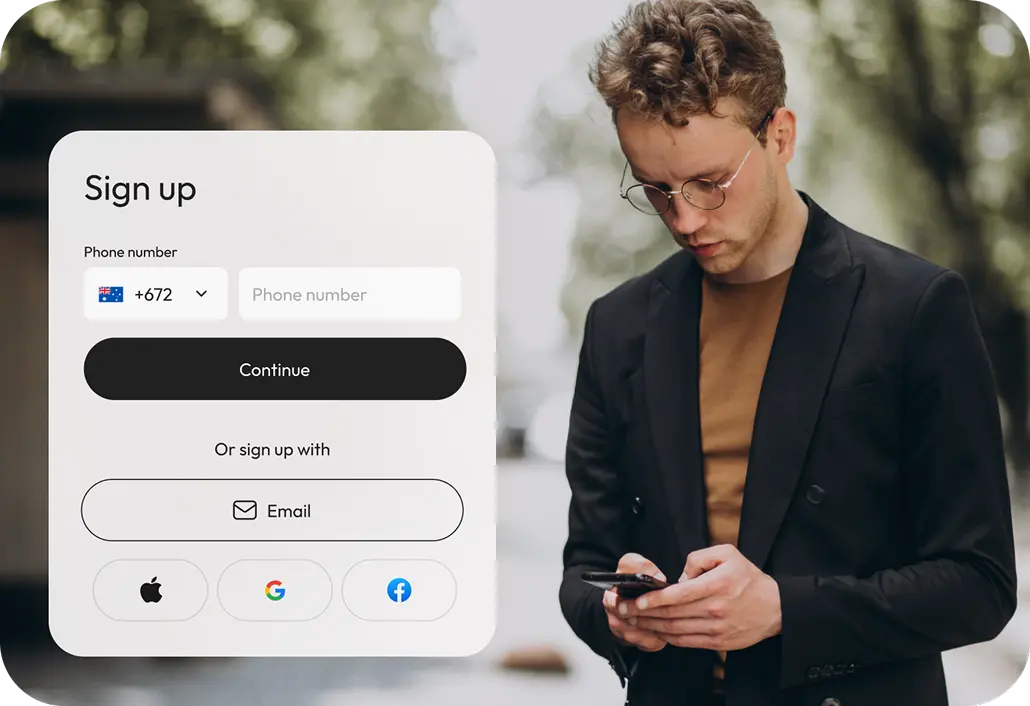 App sign-up screen beside a man using the property search app on his phone.