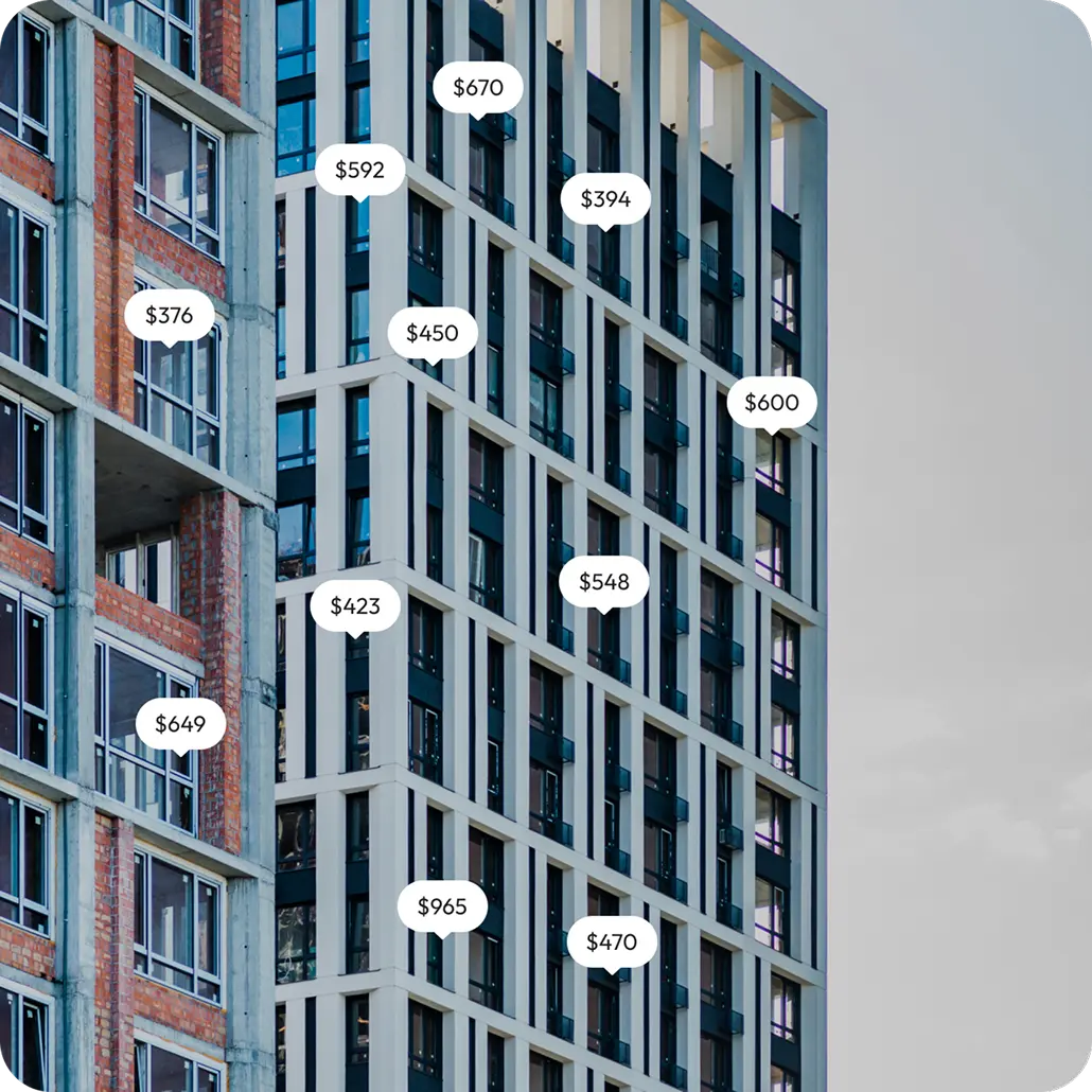 Apartment building facade overlaid with floating rental price tags from the app.