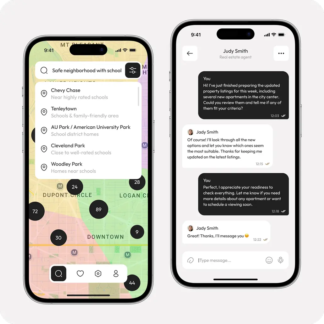 Two phone screens showing the neighborhood map and an in-app chat with an agent.