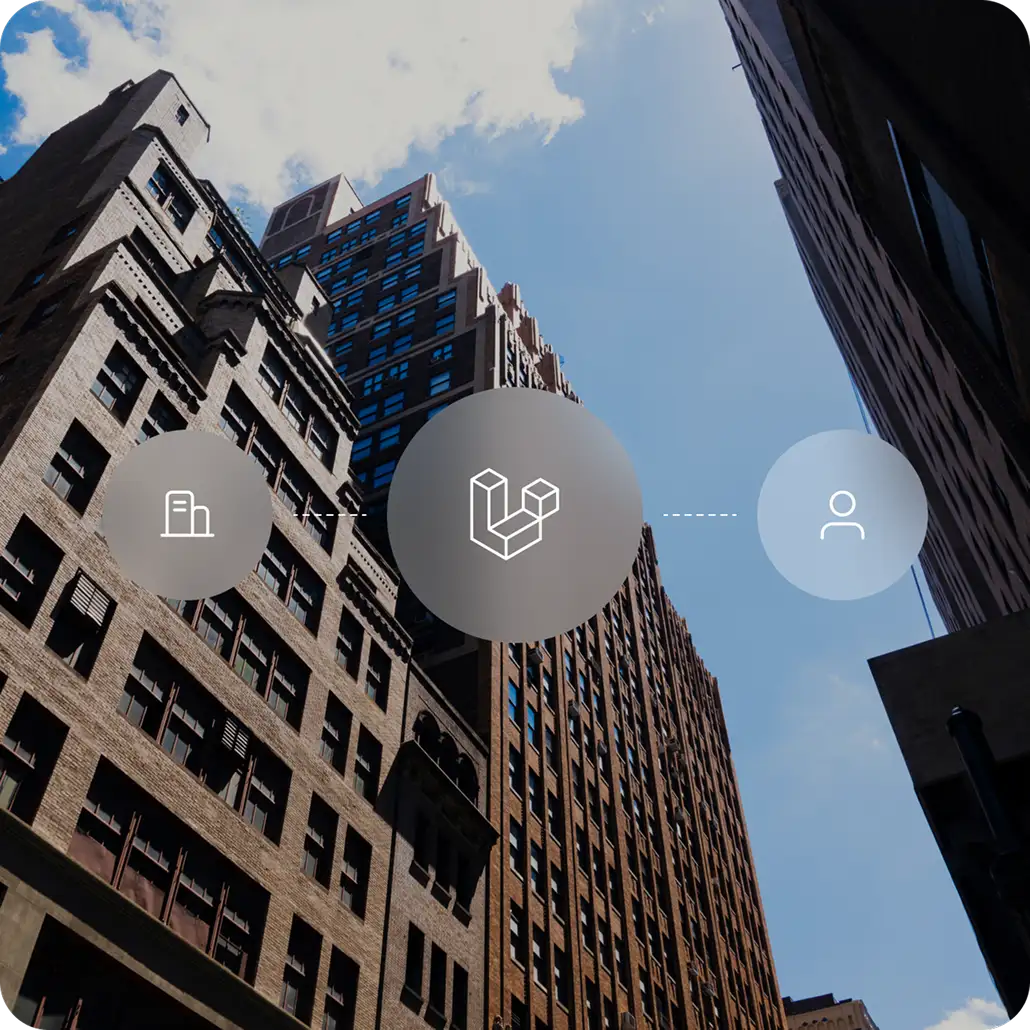 City skyscrapers with overlaid integration icons illustrating the app's data sync.