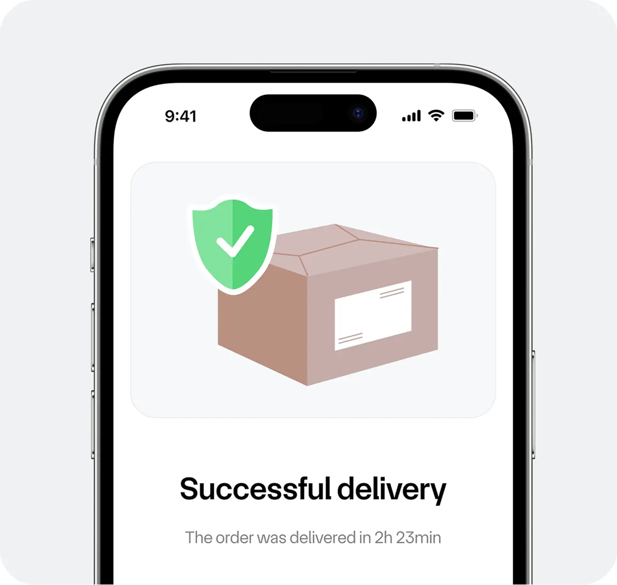 Mobile app confirmation screen showing a successful delivery completed in 2h 23min.