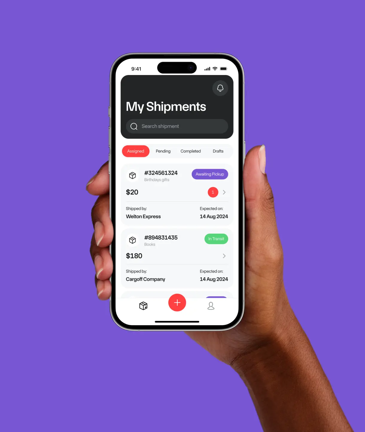 Hand holding a phone with the Drivery My Shipments delivery tracking screen.