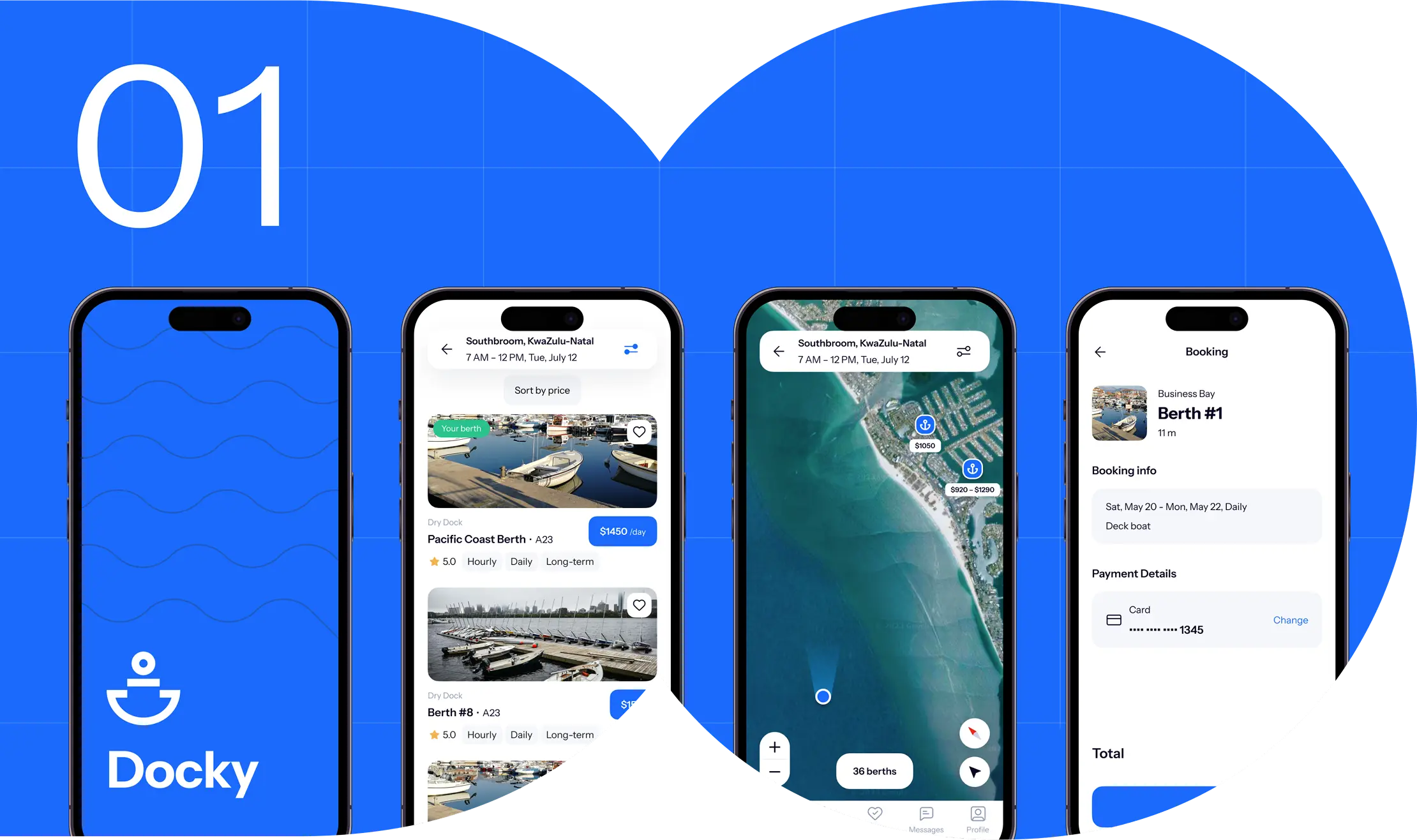 Docky app screens with berth listings, a marina map and a berth booking summary on a blue cover marked 01.
