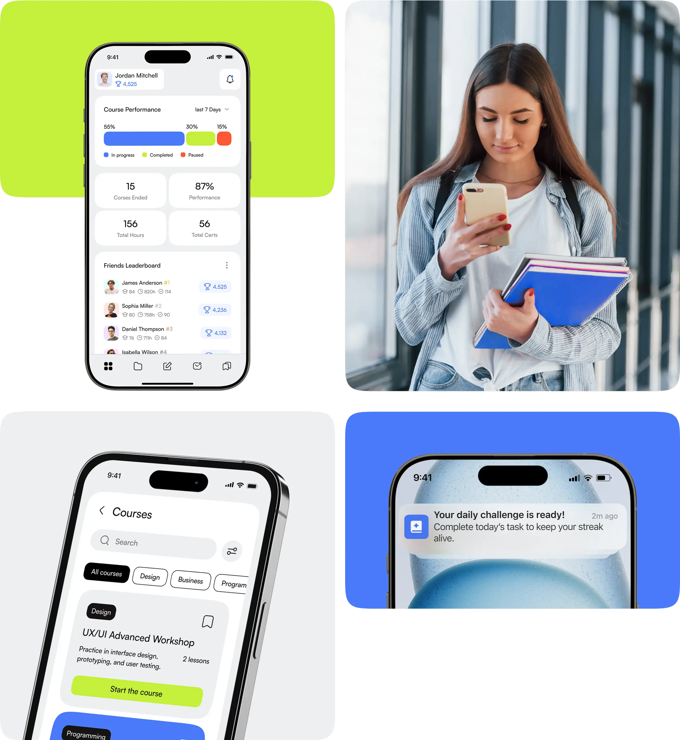 Course performance and course catalog screens, a student with her phone, and a daily challenge notification in a collage.