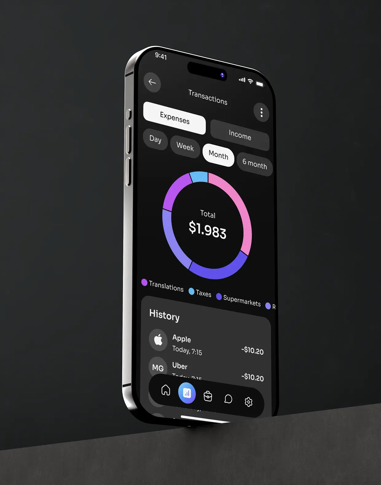 Phone showing the neobank app balance and transaction details screen.