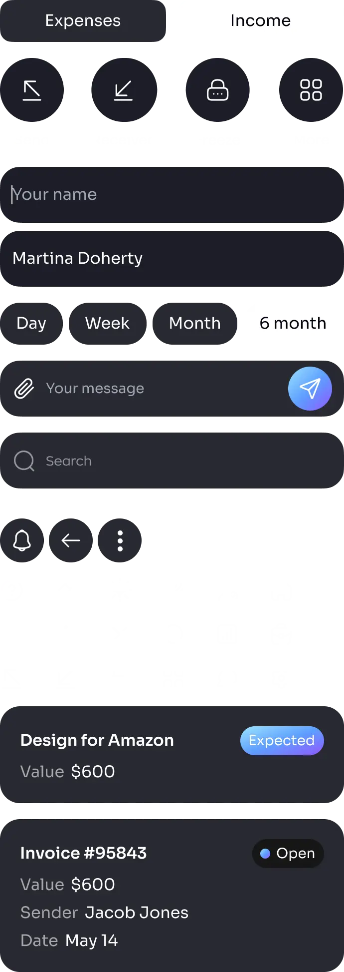 Neobank app UI component mockups with cards, toggles, and panels.