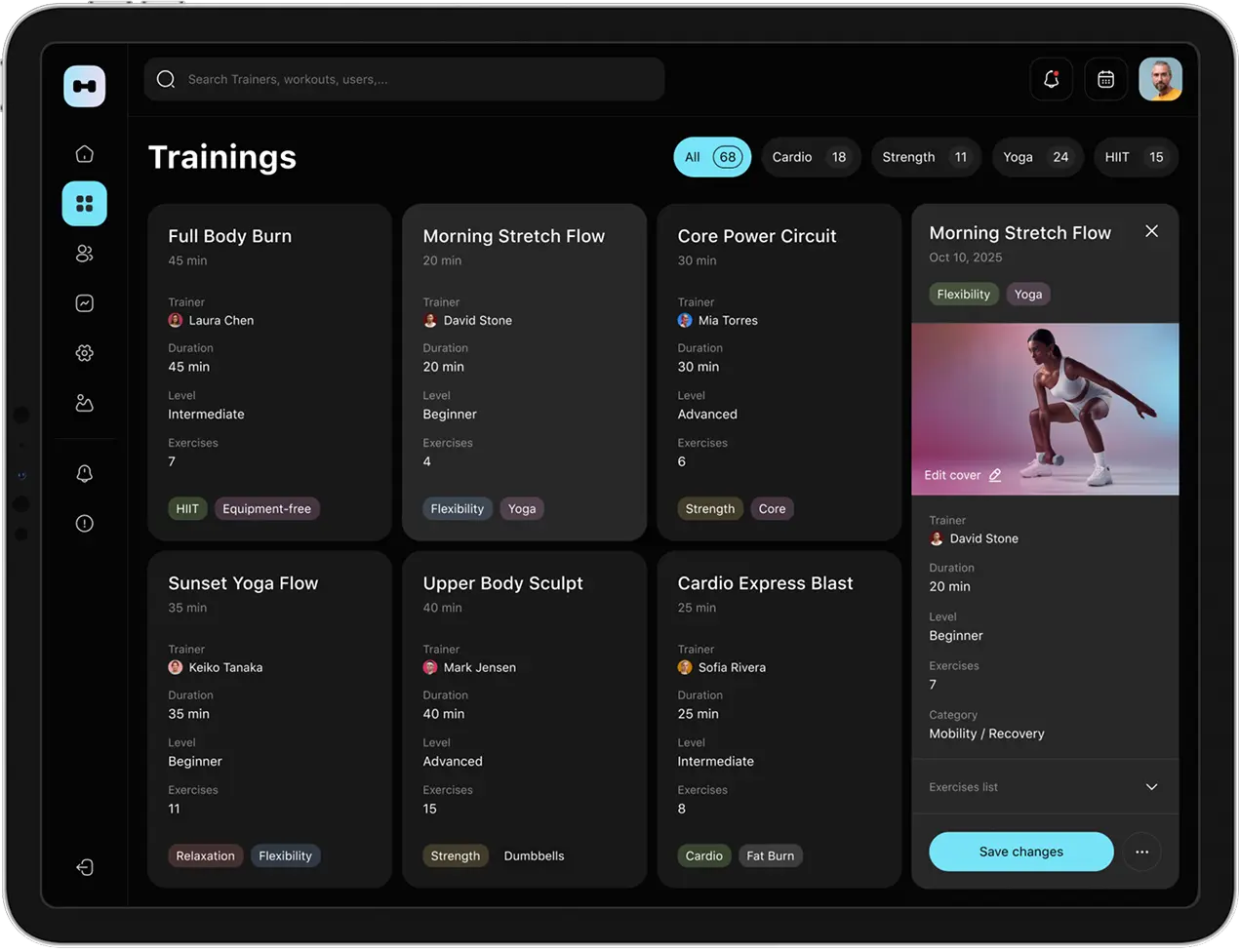 Dark admin dashboard managing workouts and users for the fitness app.