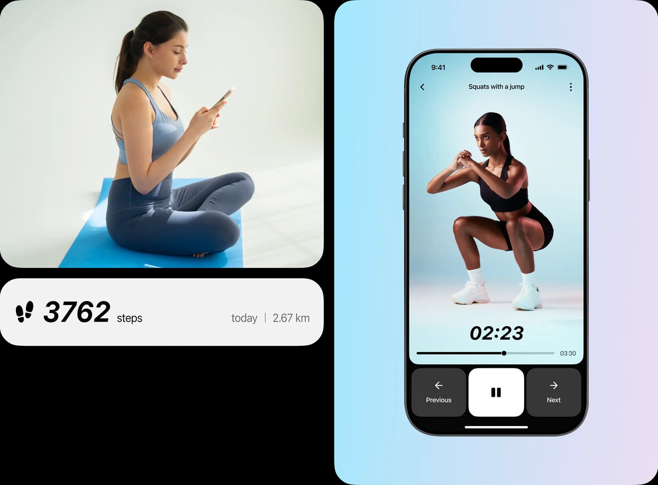 Phone showing a fitness app workout screen with a training image.