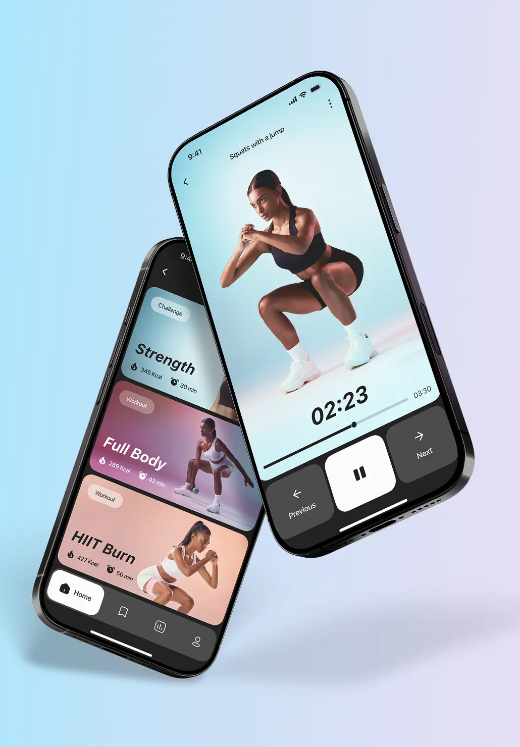 Phone mockups on a gradient background presenting the fitness app.