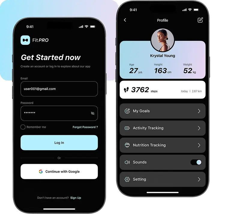 Dark fitness app onboarding and profile screens with user details.