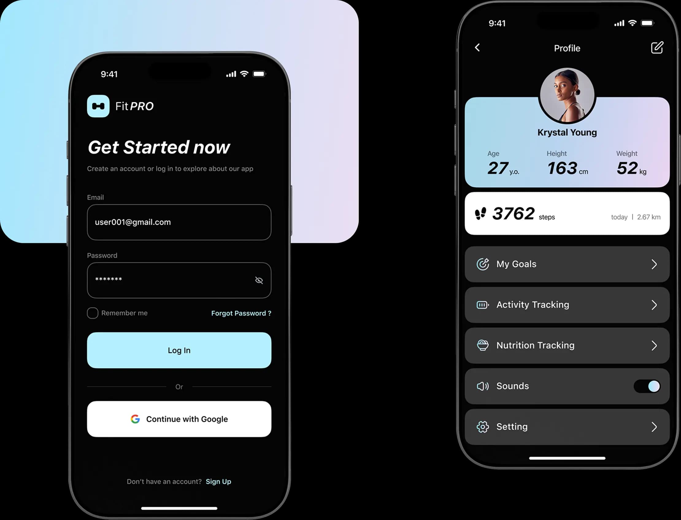 Dark fitness app onboarding and profile screens with user details.