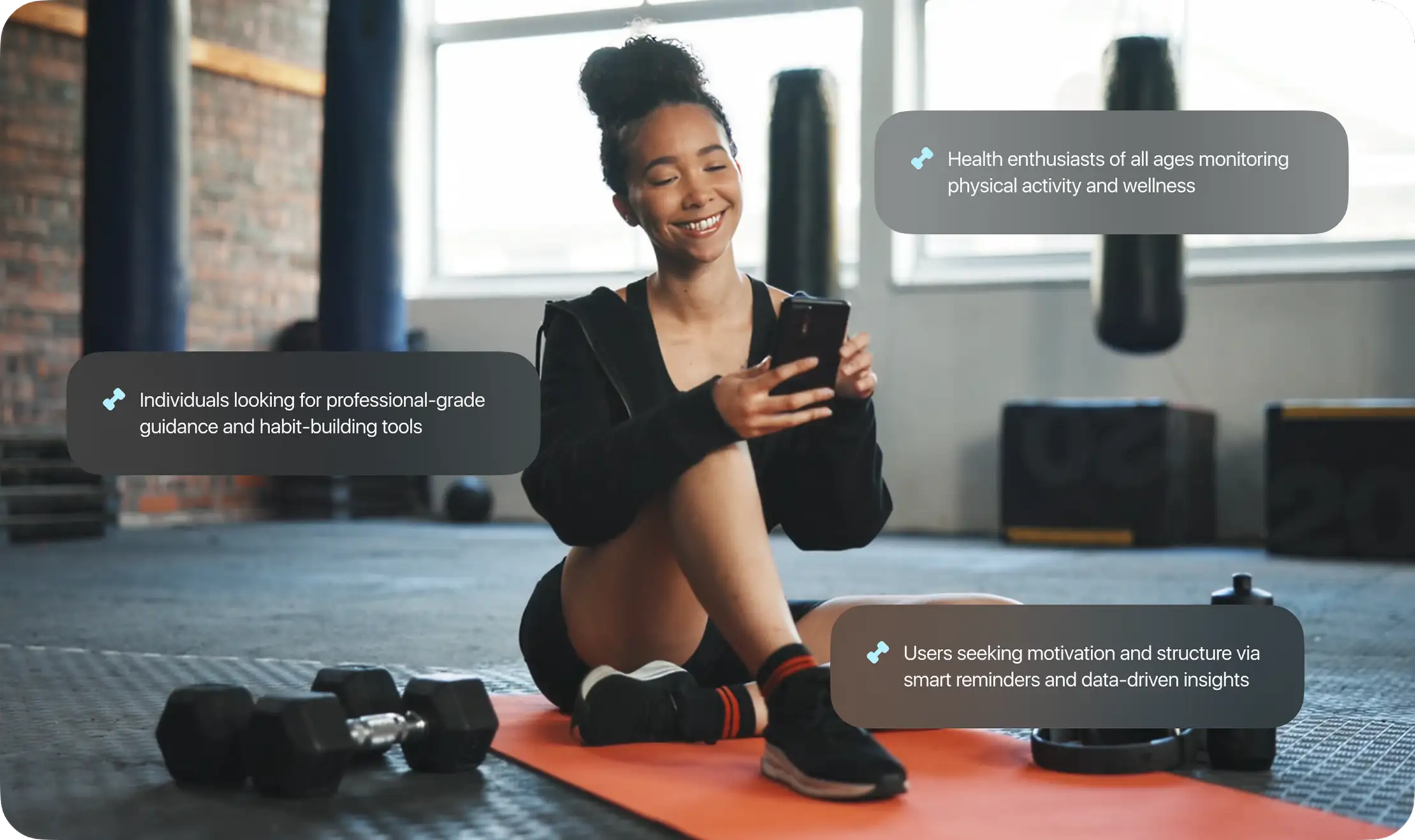 A woman with a phone in a gym, with cards describing the app's target users.