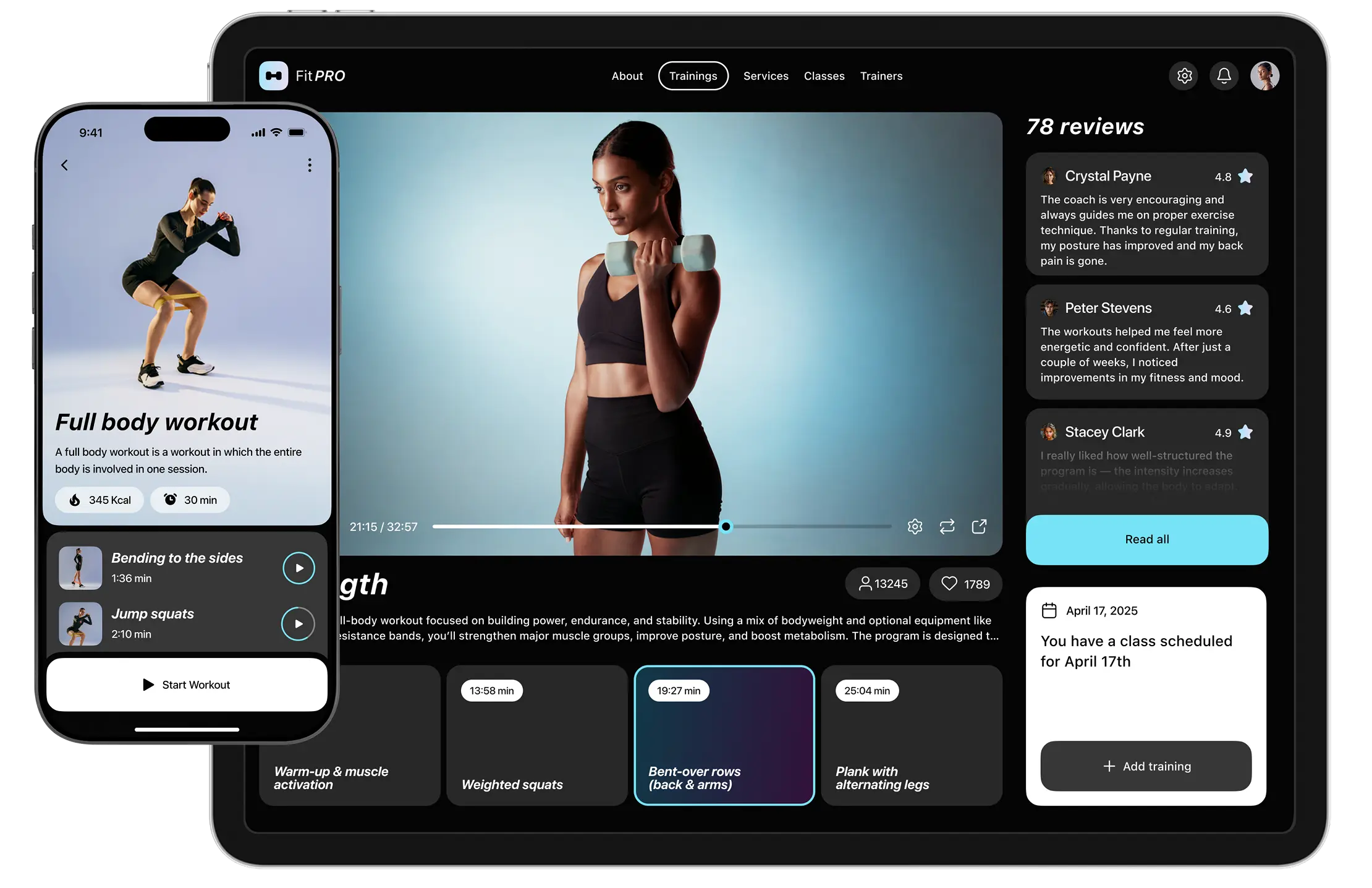 Phone workout screen in front of a tablet showing the fitness app web trainings page.