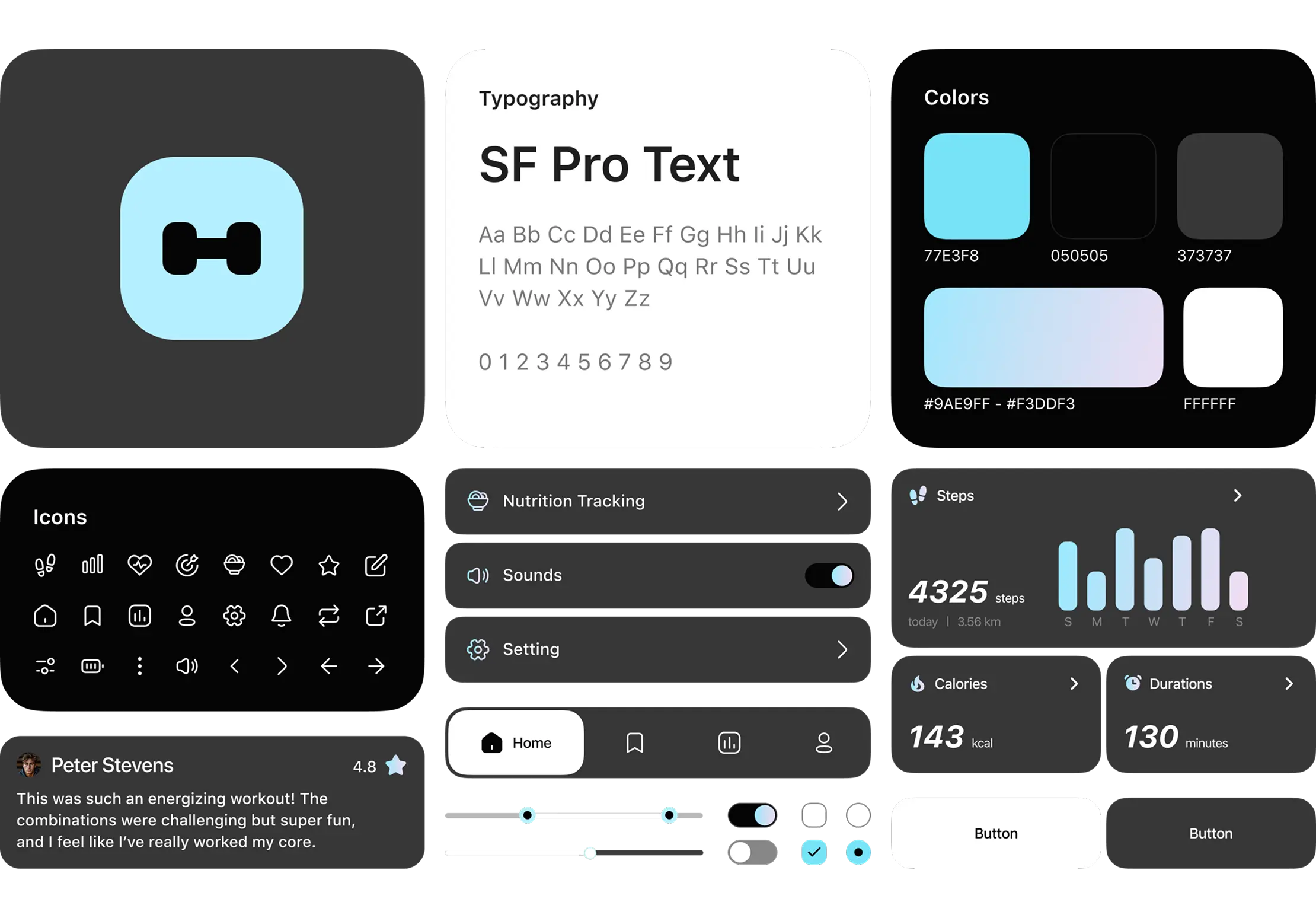 Dark UI kit of components and controls for the fitness app.