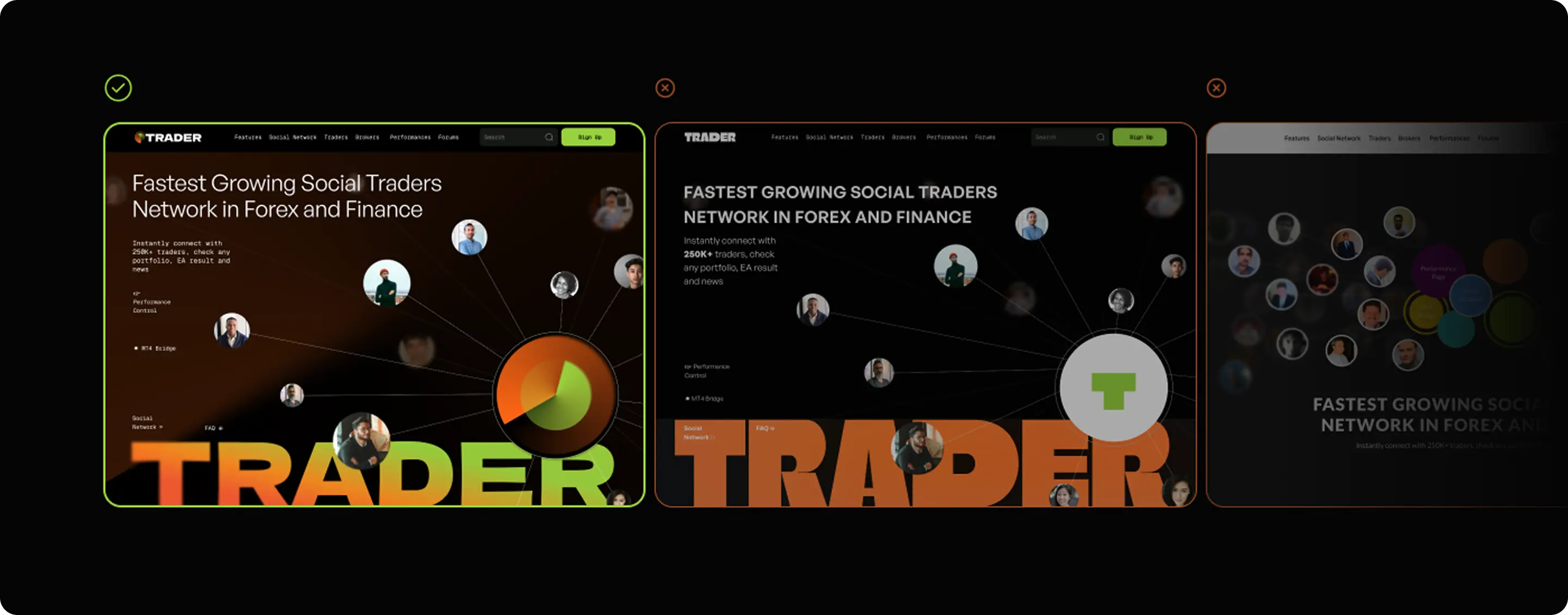 Three homepage design concept variations for the Forex trading platform, one approved and two rejected.