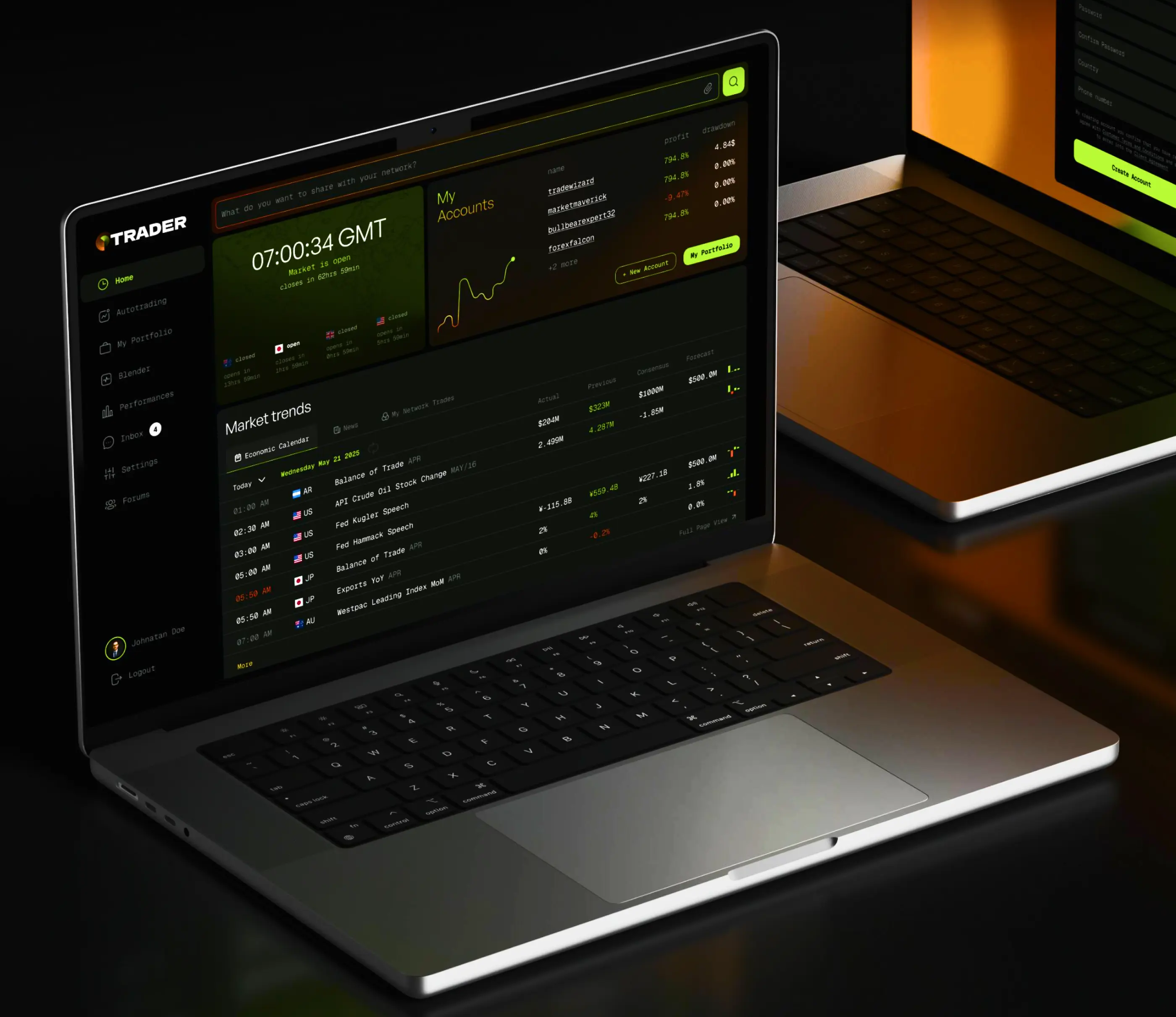 Laptop displaying the dark trading dashboard of the Forex social trading platform.