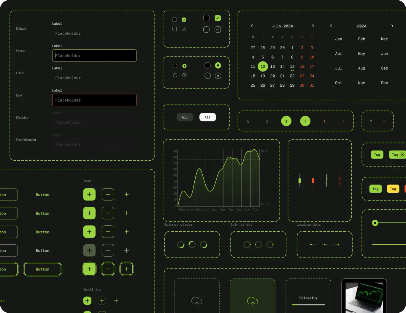 UI kit of buttons, toggles and inputs for the Forex trading platform design system.