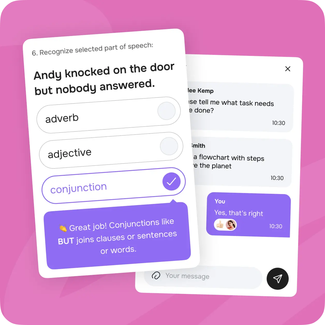 Mobile app screens showing a grammar quiz and an in-class chat message.