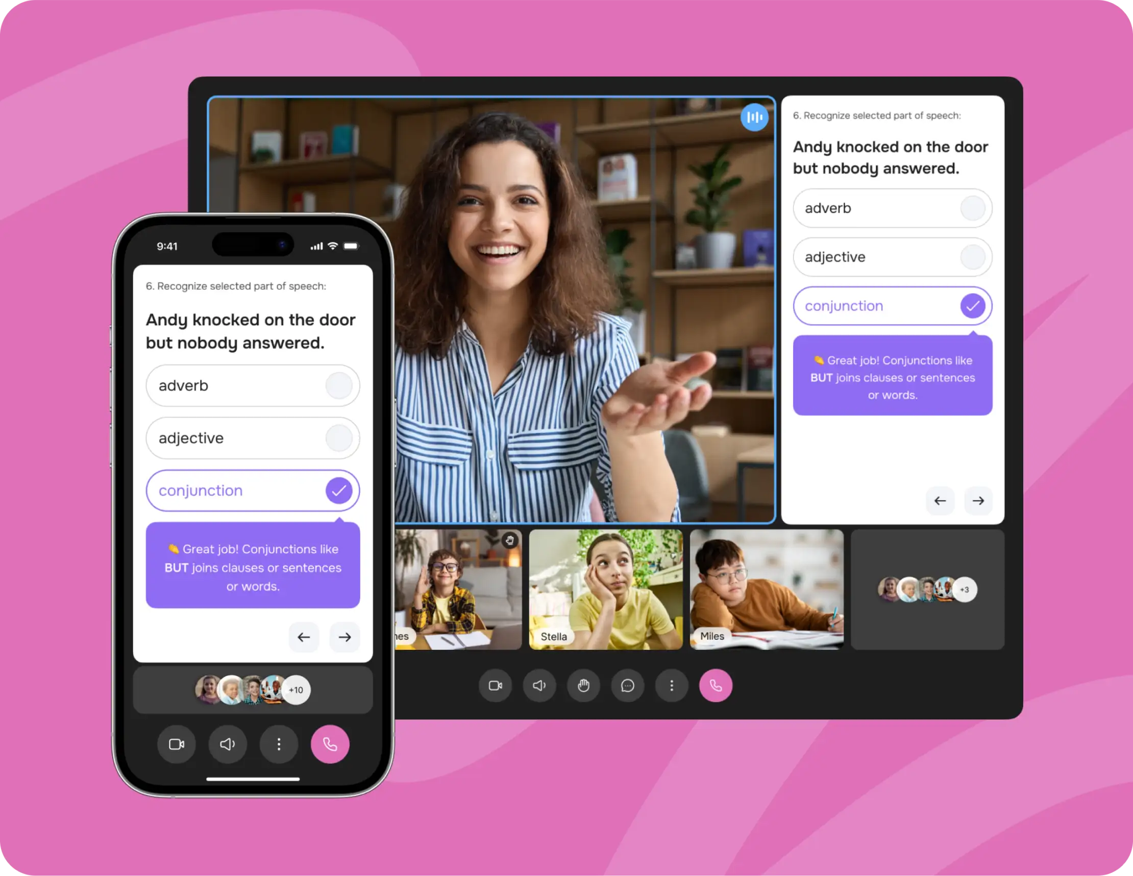 Phone and tablet showing a live virtual lesson video call with an interactive grammar quiz.