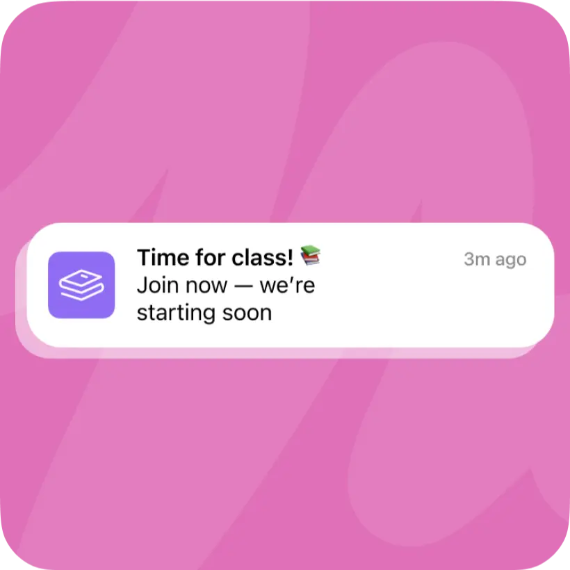 App notification card reminding a student that class is starting soon.
