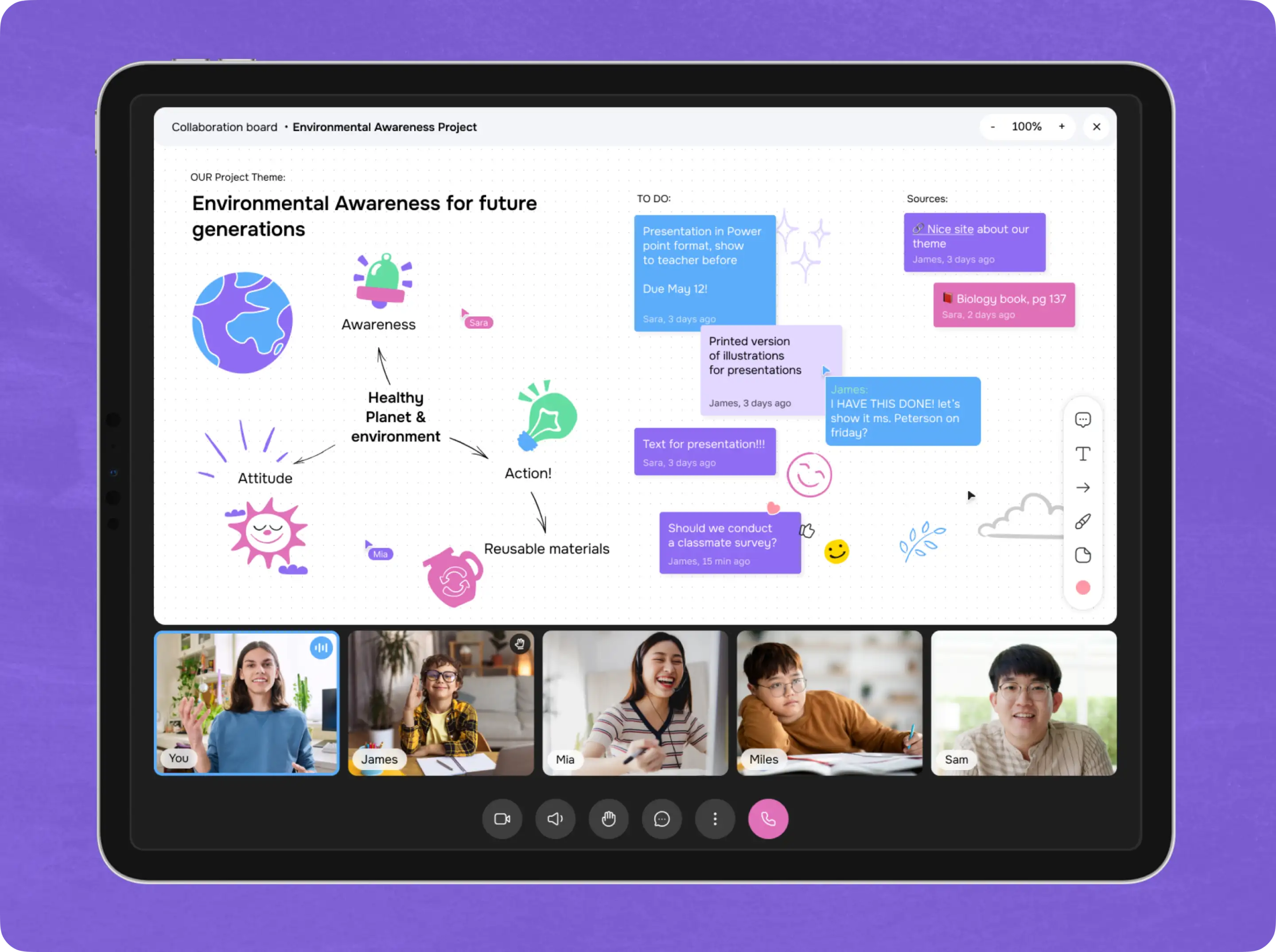 Tablet showing the virtual classroom whiteboard and lesson video participants.