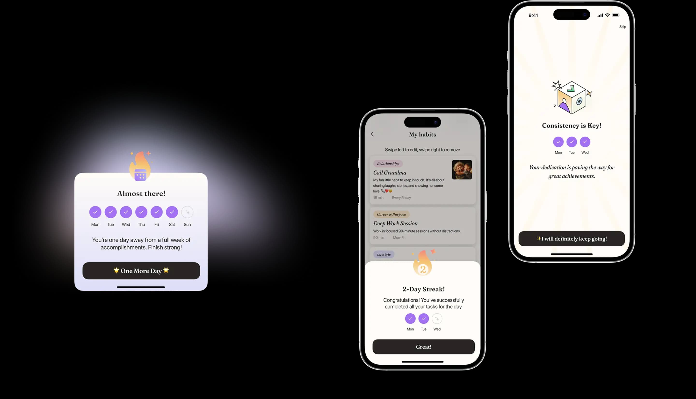 App card showing a nearly complete habit week, next to screens with streak and consistency notifications.