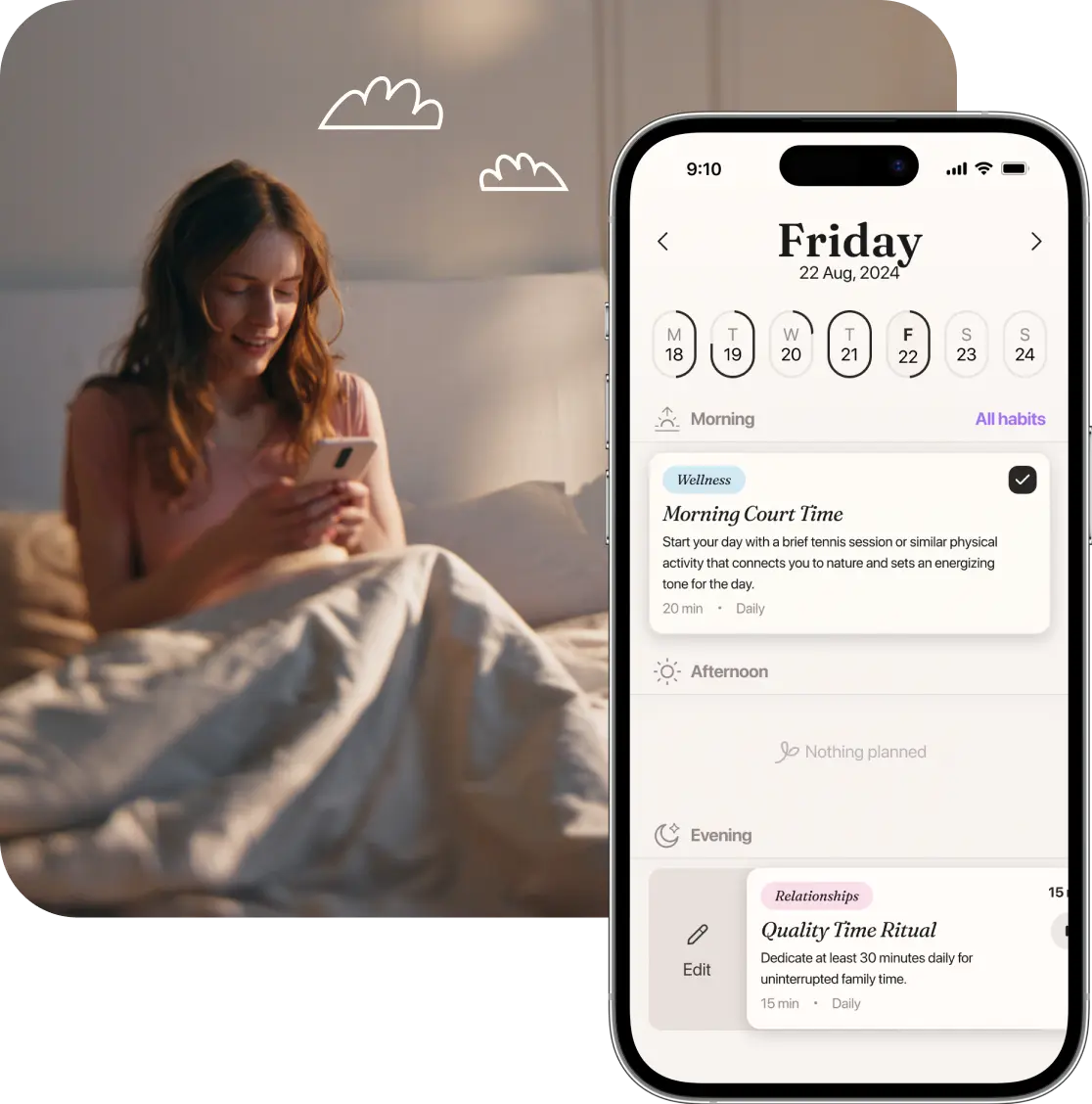 Woman in bed beside a phone showing the habit calendar screen.