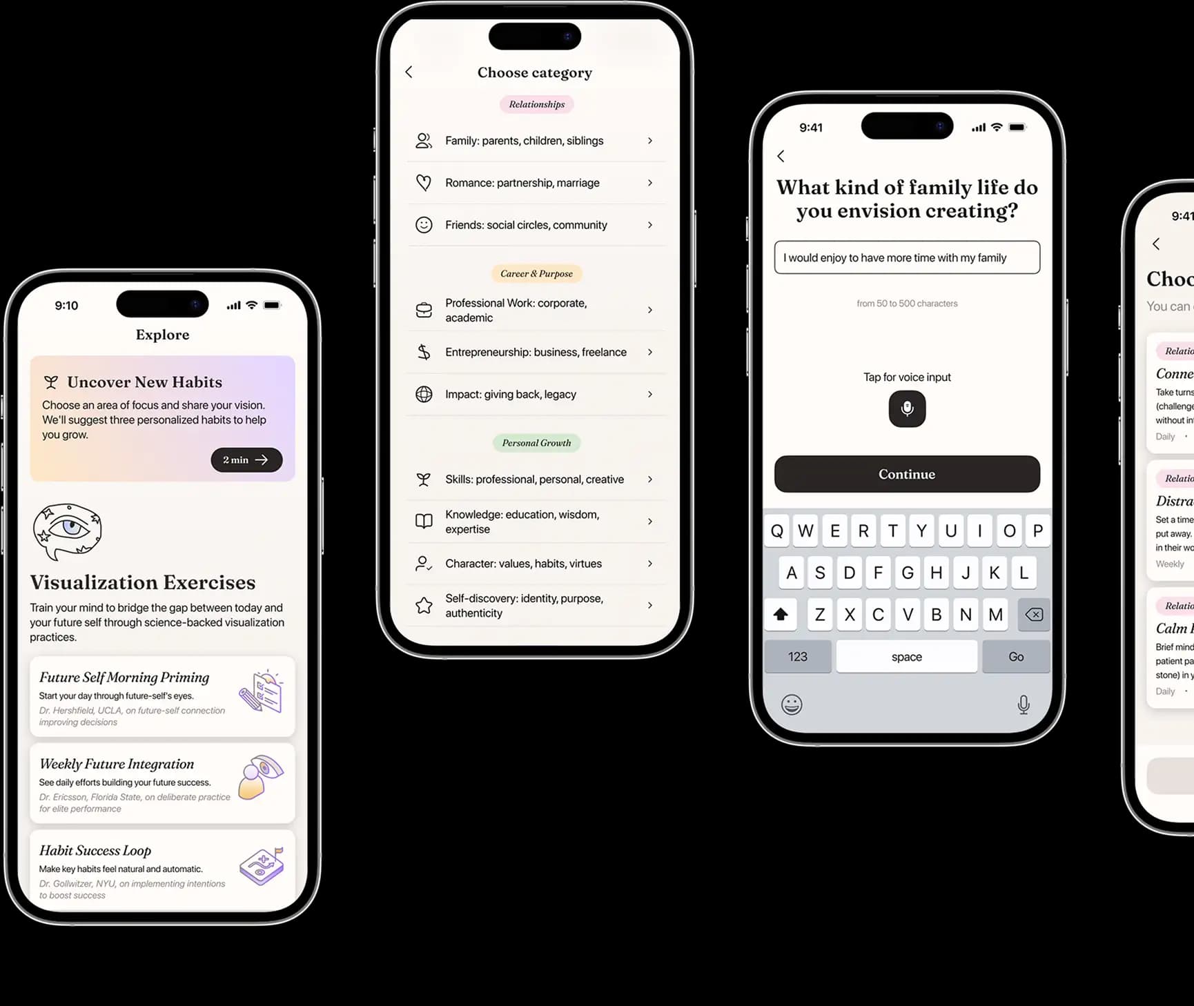 Phone screens for exploring and adding new habits in the app.