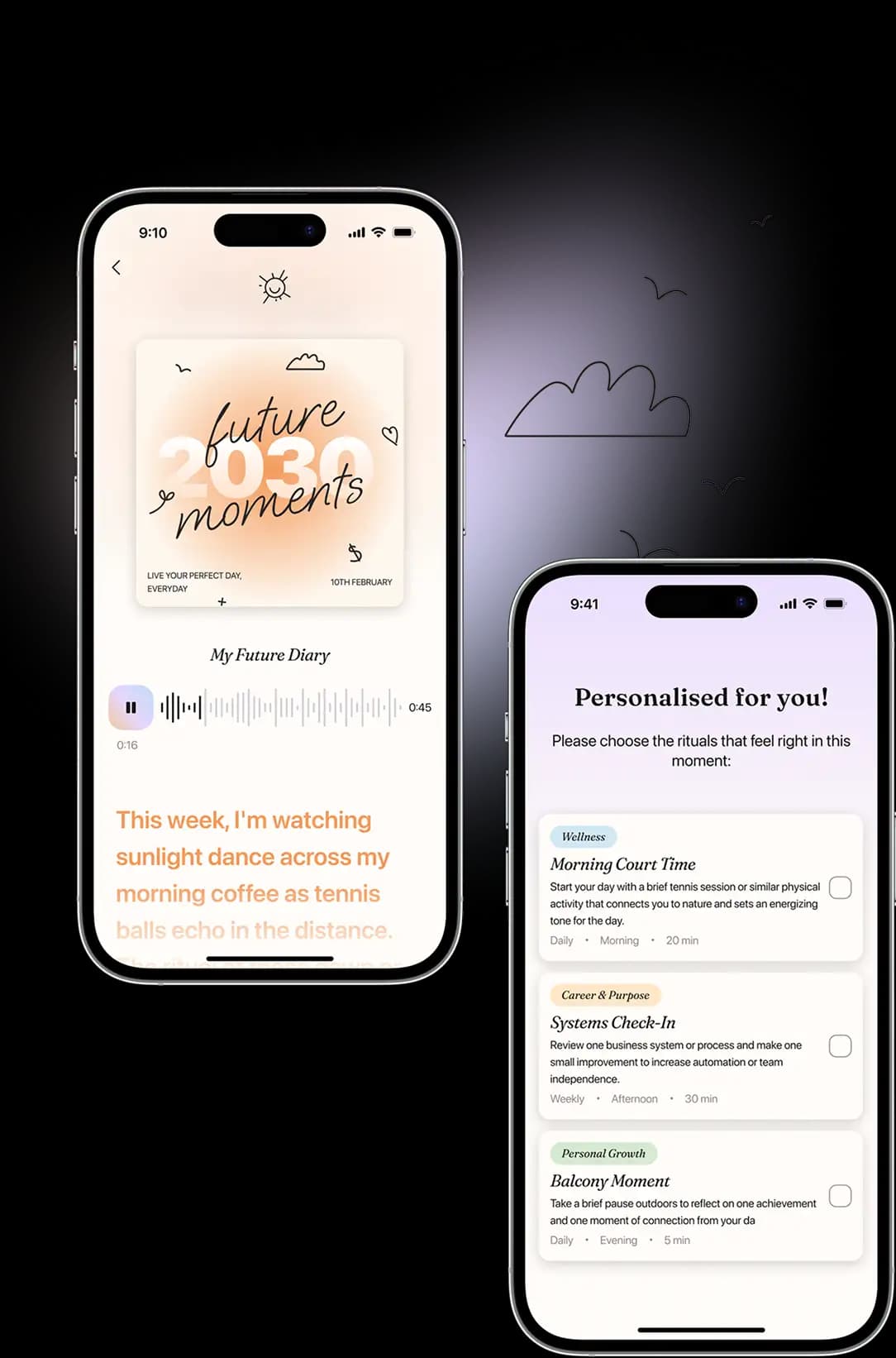 Two app screens: a recorded future diary entry and a list of personalized rituals to choose from.