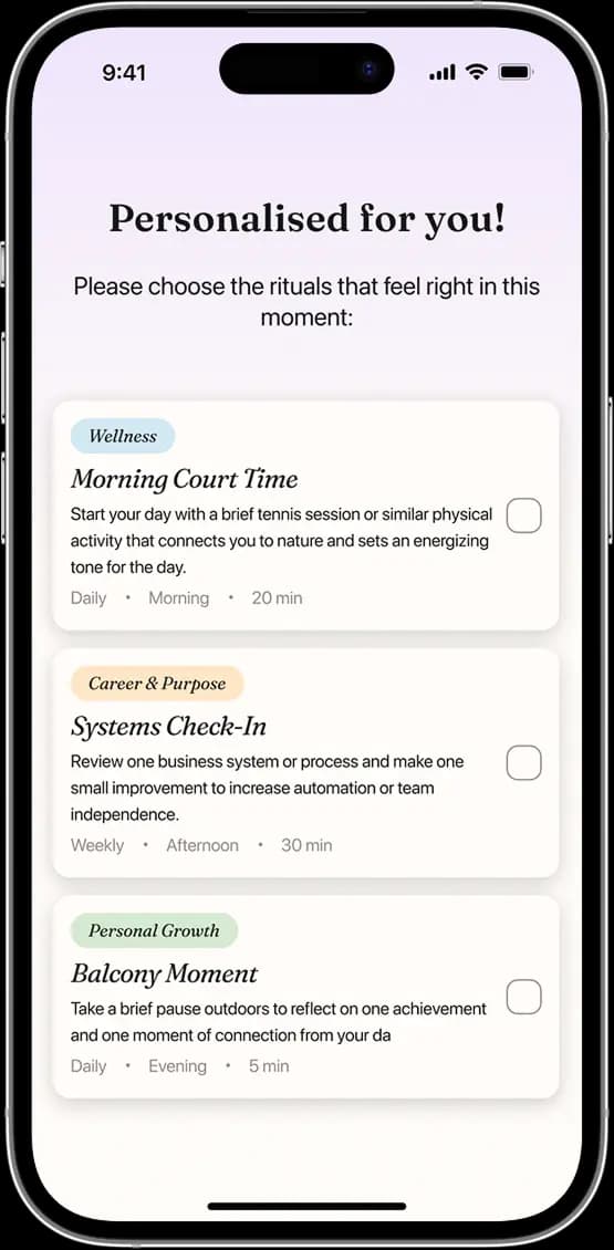 Phone screen offering three personalized rituals to choose from, none selected yet.
