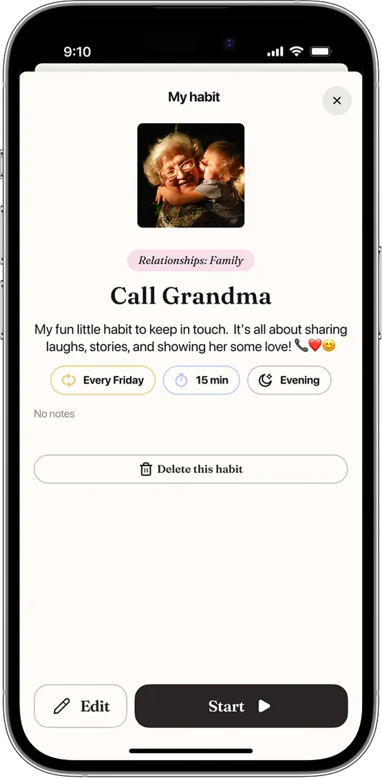 Habit detail screen for a 'Call Grandma' habit with its schedule, duration and start action.